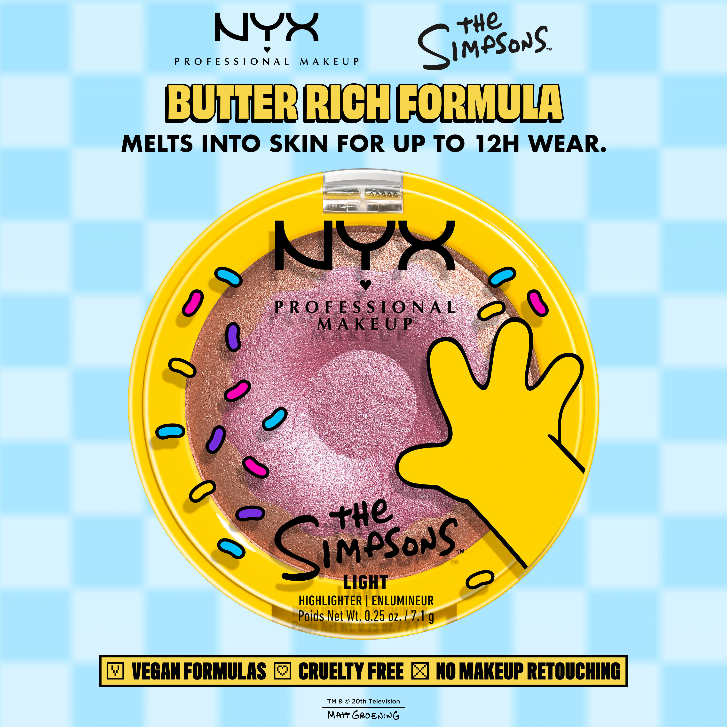 NYX Professional Makeup The Simpsons highlighter packshot with donut-themed packaging and product benefits text on a blue checkered background 01 Donut mind if I do
