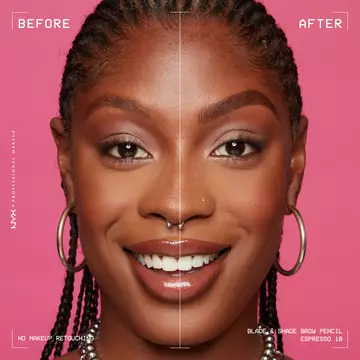 woman facing forward showing before and after of Blade & Shade Nano Brow Pencil on eyebrows