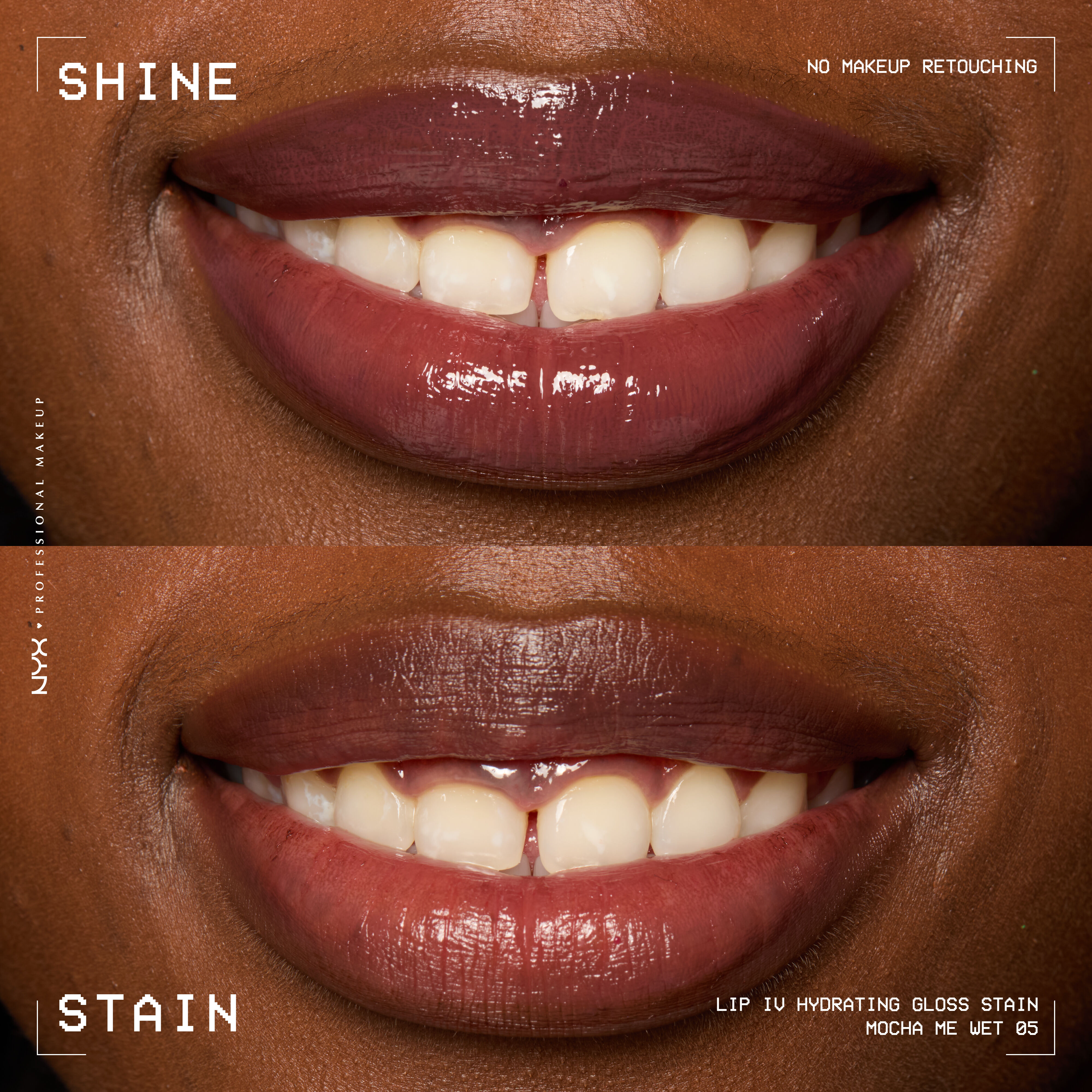 comparison of lips when glossy from Lip I.V. Hydrating Lip Stain vs after staining labeled “Shine” and “Stain”