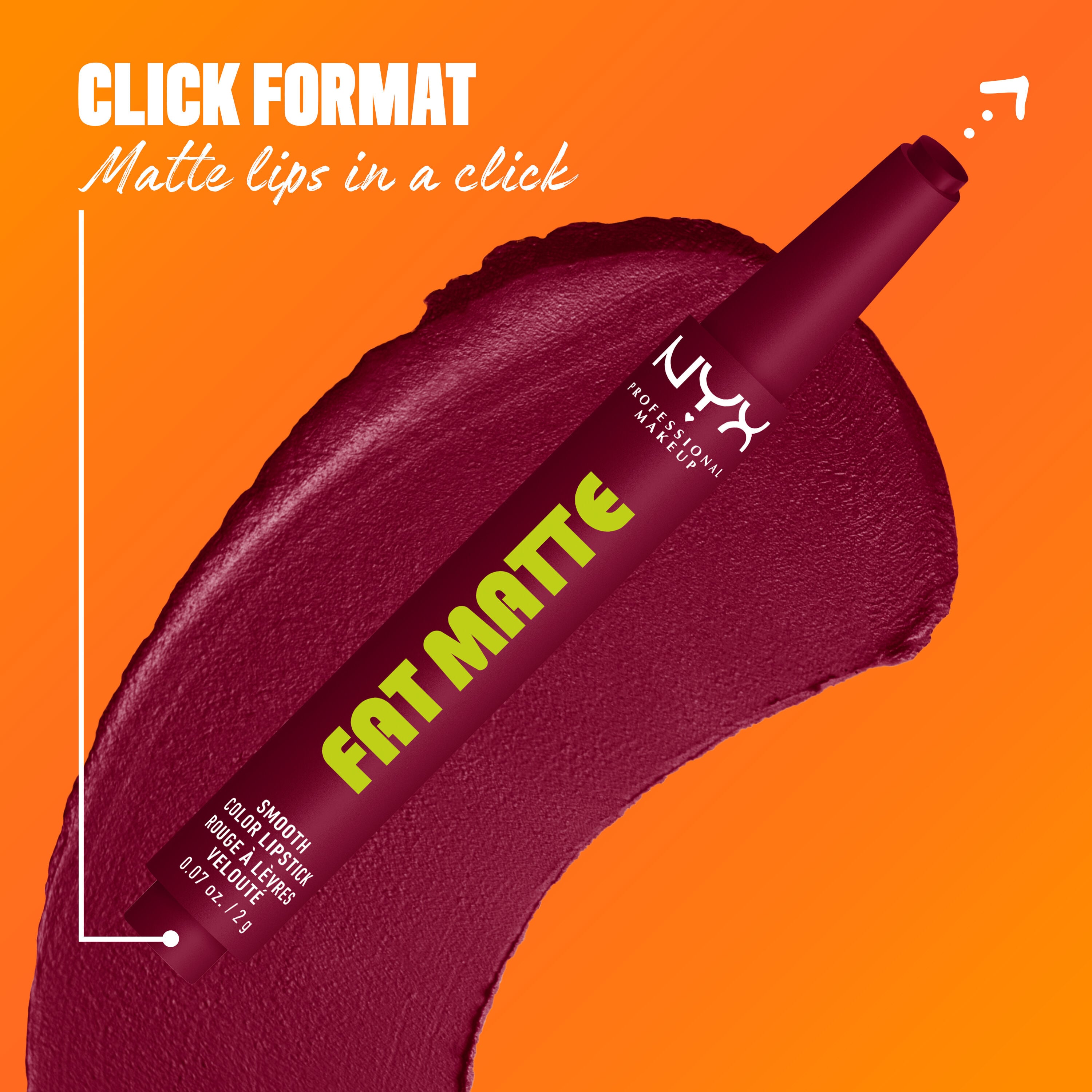 NYX Professional Makeup Fat Matte Smooth Color Lipstick in currant shade Berry Smooth, showing the click-pen applicator format and shade swatch, highlighting easy, mess-free matte lipstick application.