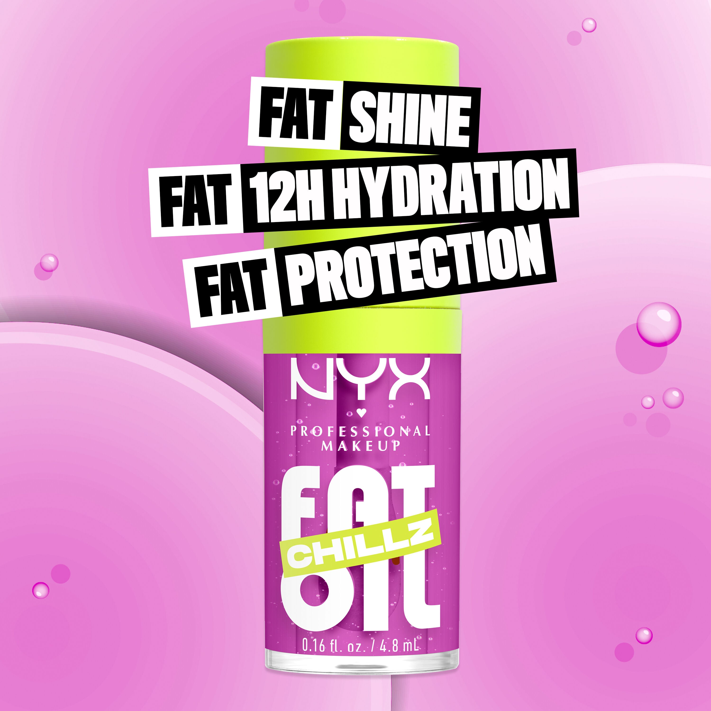 Fat Oil Chillz Lip Drip Lip Oil in shade Strawberry Slush bottle. Fat Shine. Fat 12H Hydration. Fat Protection.