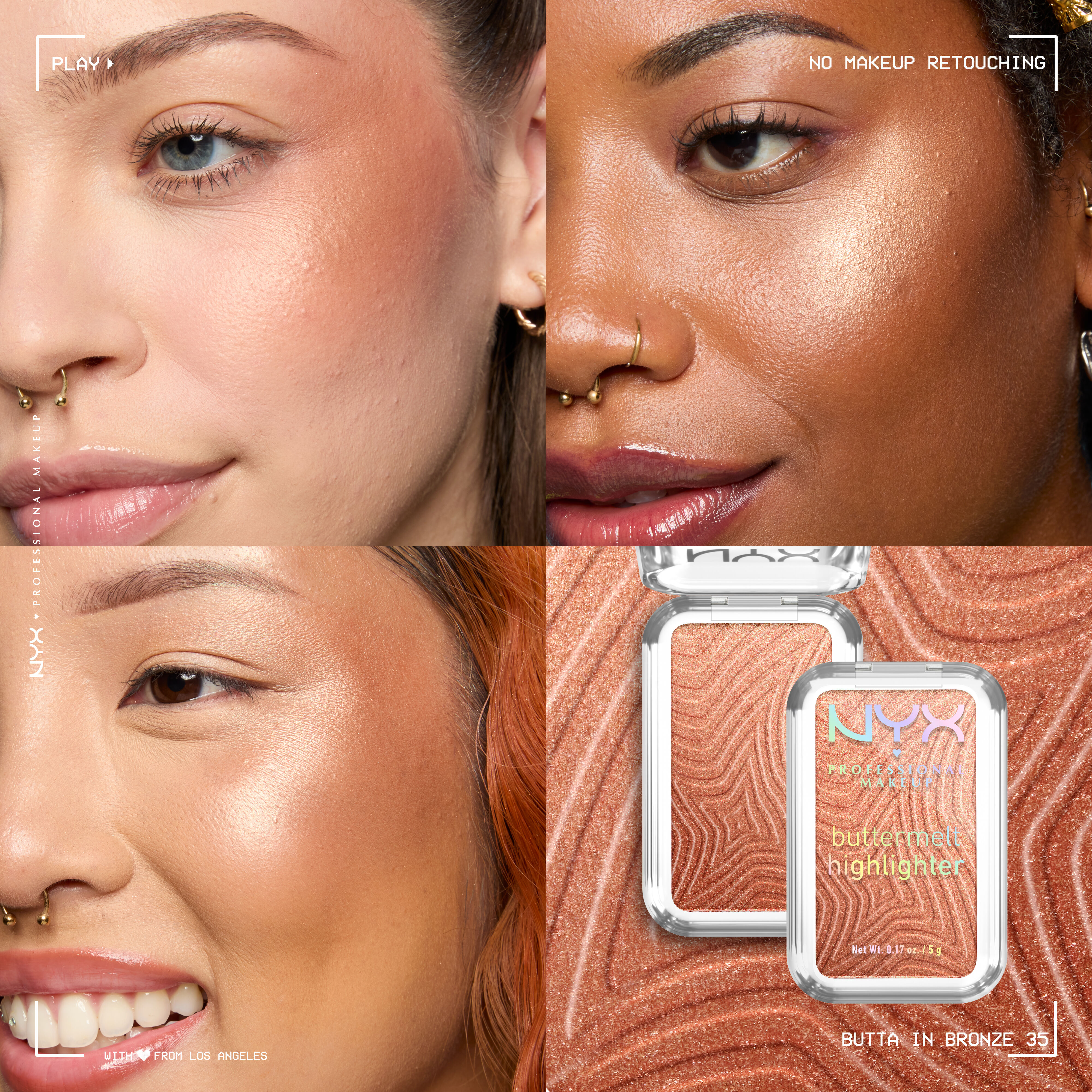 A collage with 3 models with different skintones wearing Buttermelt Highlighter in shade Butta in Broze and a packshot