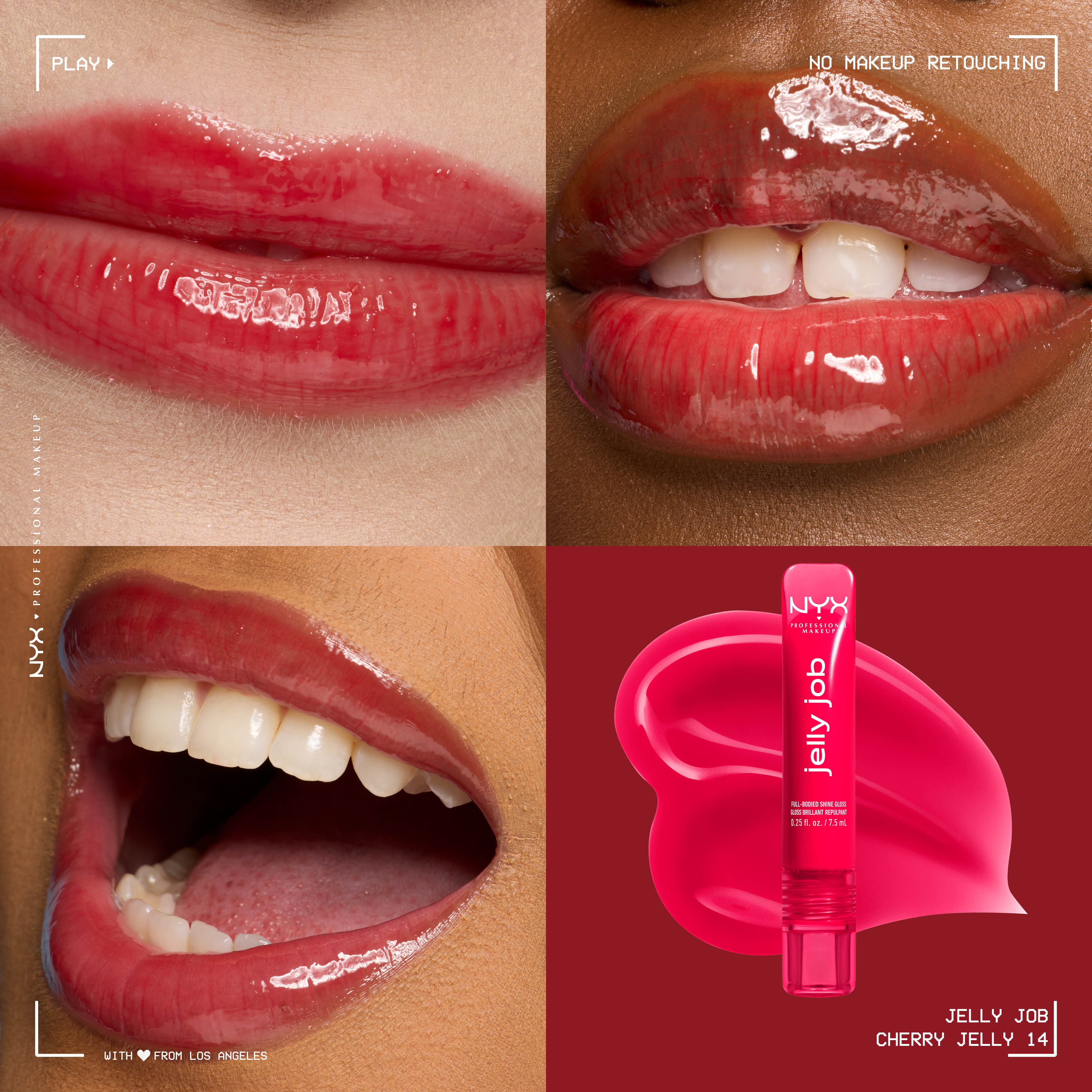 Close up of 3 models with varying skin tones wearing Jelly Job Jelly Lip Gloss in shade 'Cherry Jelly', a red color