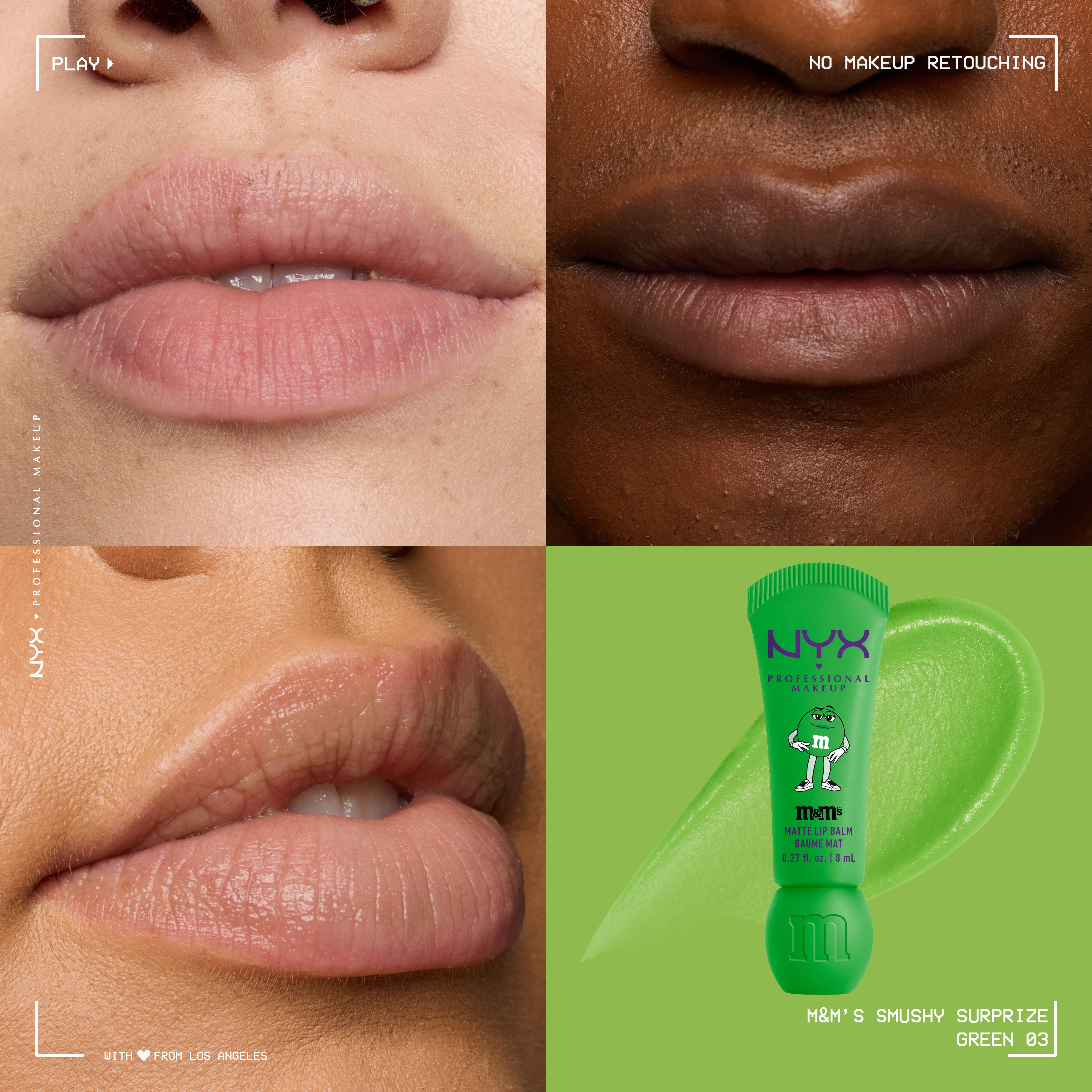 Close-up collage of three models wearing NYX Professional Makeup M&M'S Smushy Surprize Green 03 matte lip balm, with the green tube and matching lip swatch shown on the right.