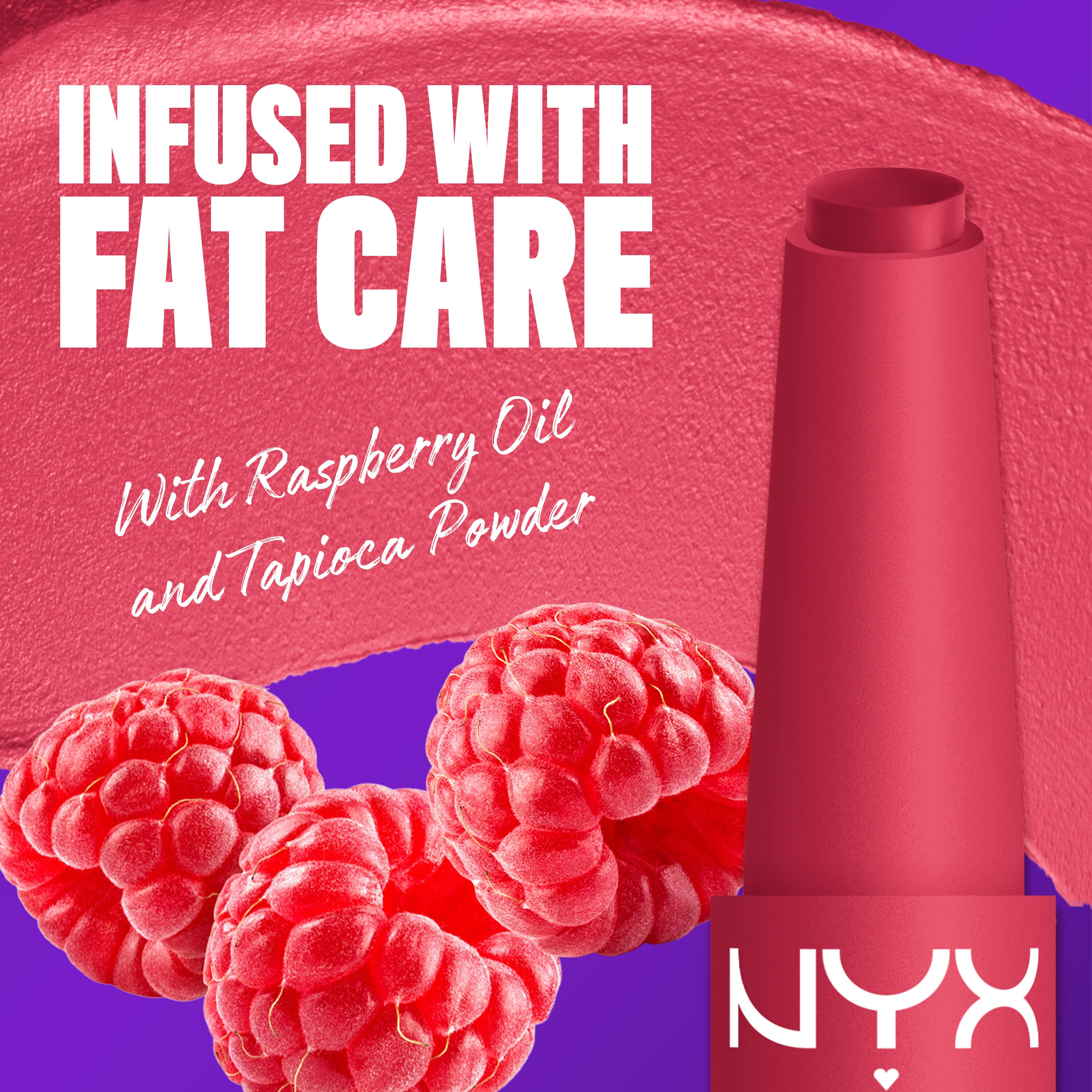 NYX Professional Makeup Fat Matte Smooth Color Lipstick infused with raspberry oil and tapioca powder for soft, smooth creamy matte lip color.