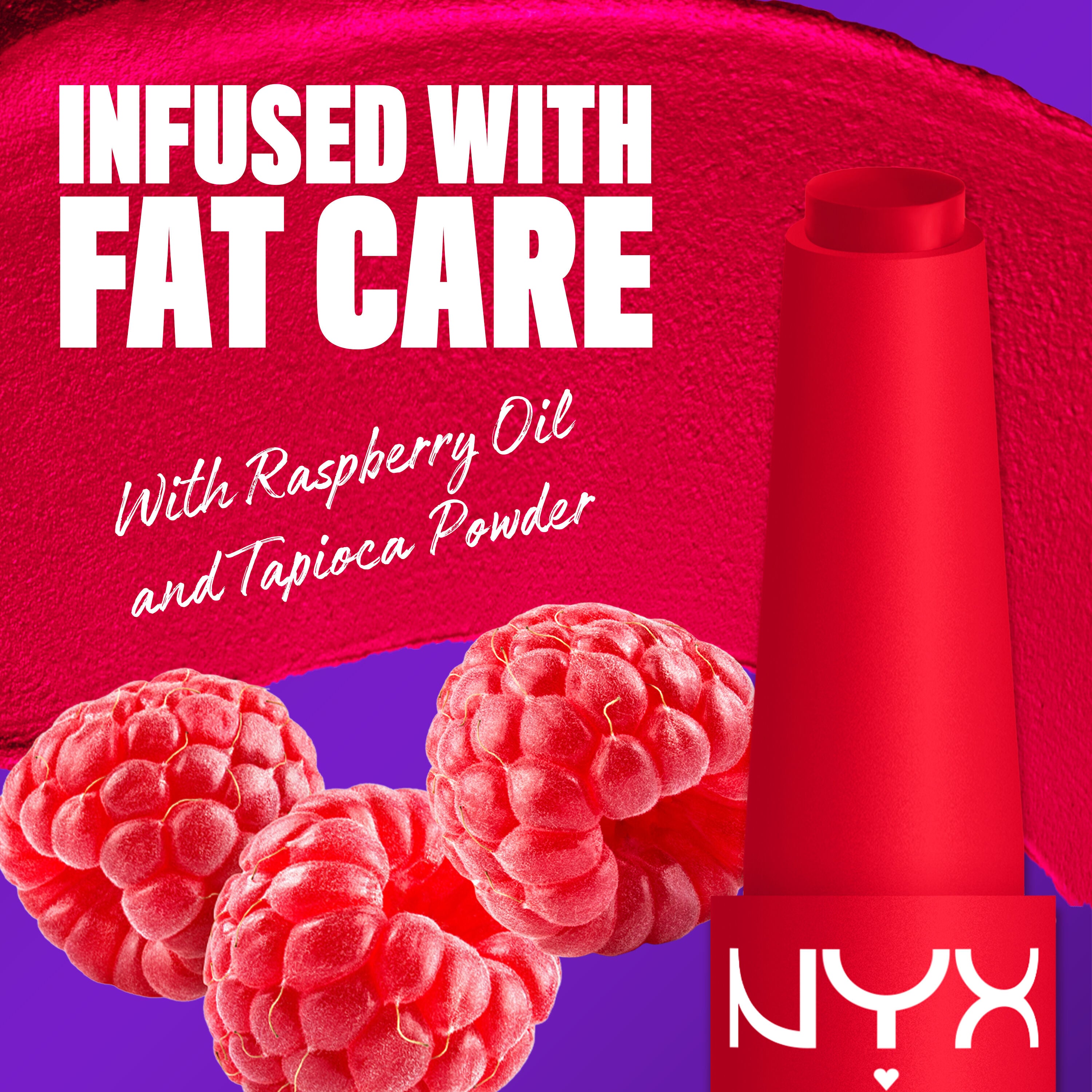 NYX Professional Makeup Fat Matte Smooth Color Lipstick infused with raspberry oil and tapioca powder for soft, smooth creamy matte lip color.