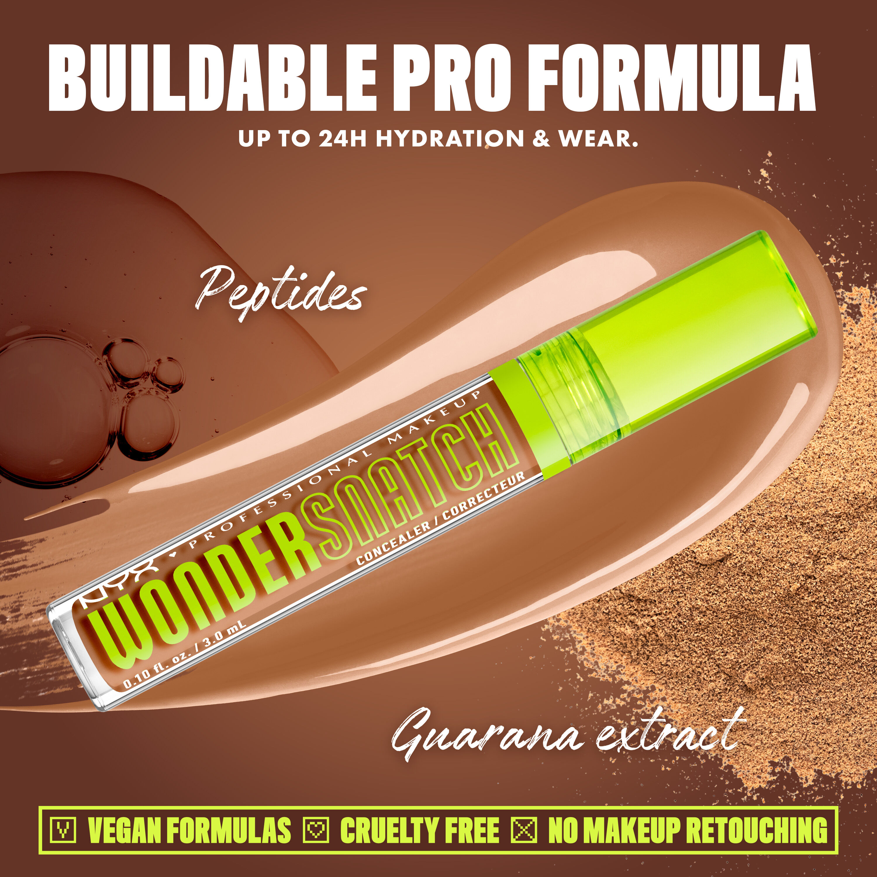 Wonder Snatch(TM) Concealer image with text: "Buildable Pro Formula. Up to 24H Hydration & Wear. Peptides. Guarana extract. Vegan Formulas. Cruelty Free. No Makeup Retouching."
