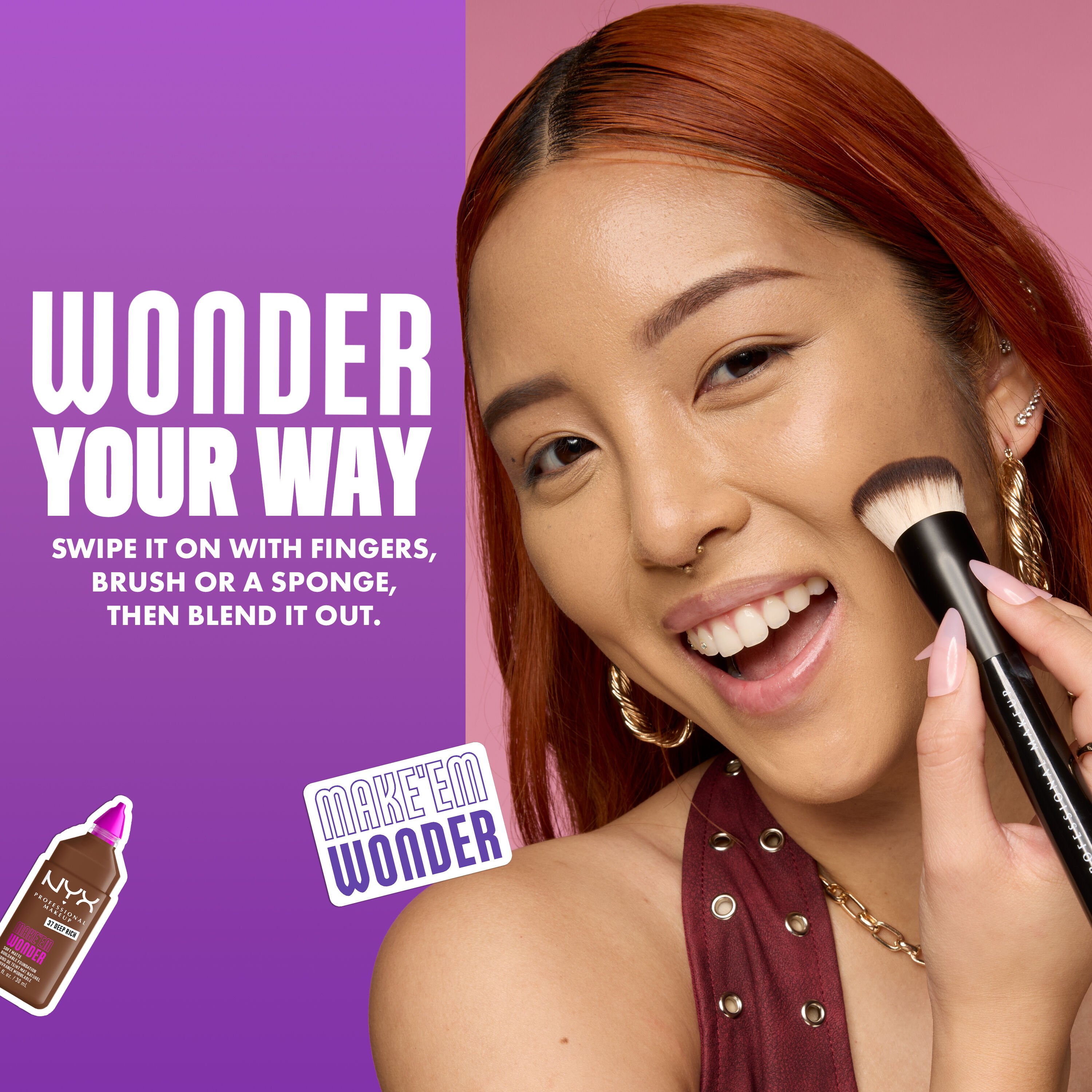 Model applying NYX Make ’Em Wonder Foundation with brush, text overlay reads “Wonder Your Way"