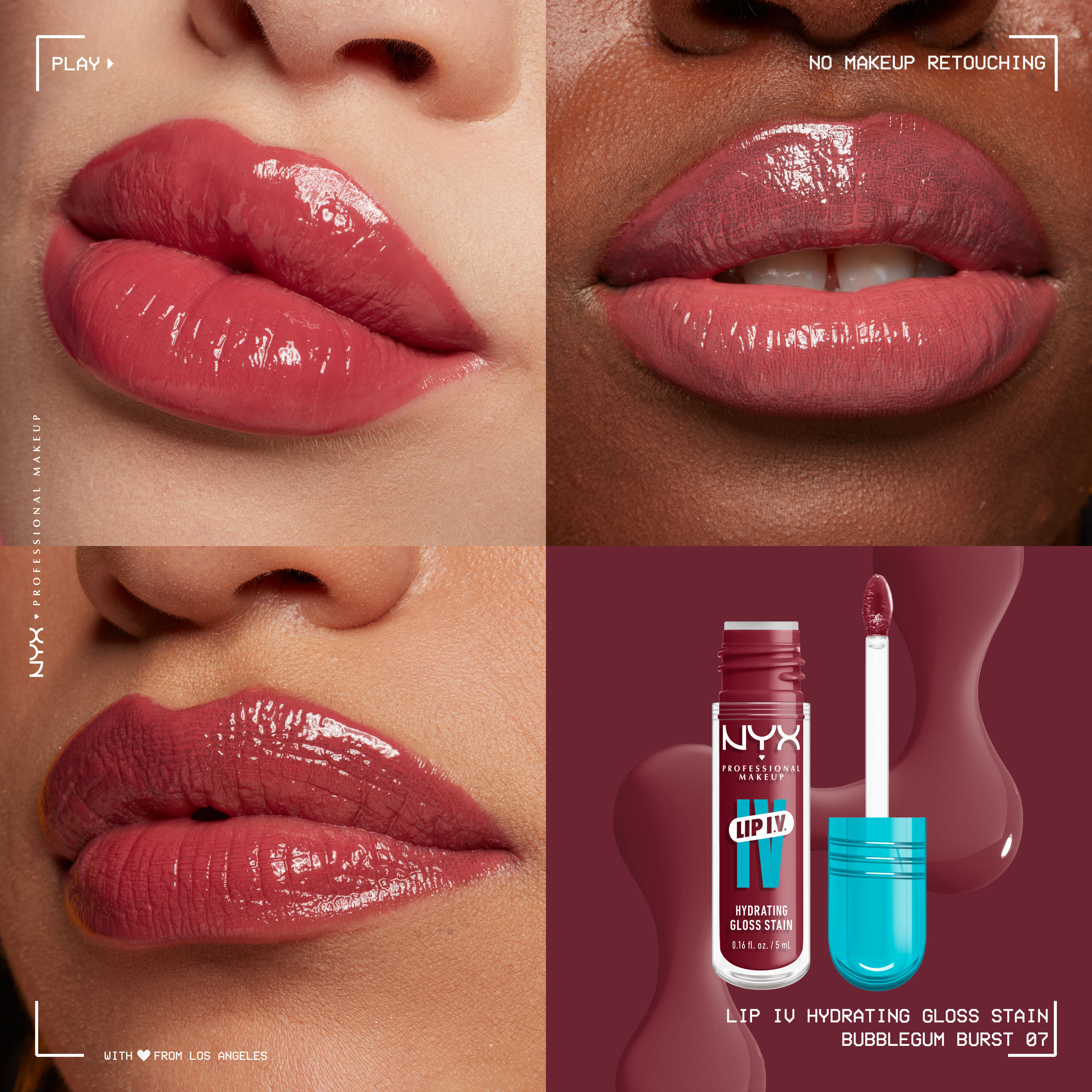 Lip I.V. Hydrating Lip Stain Gloss on three different skin tones