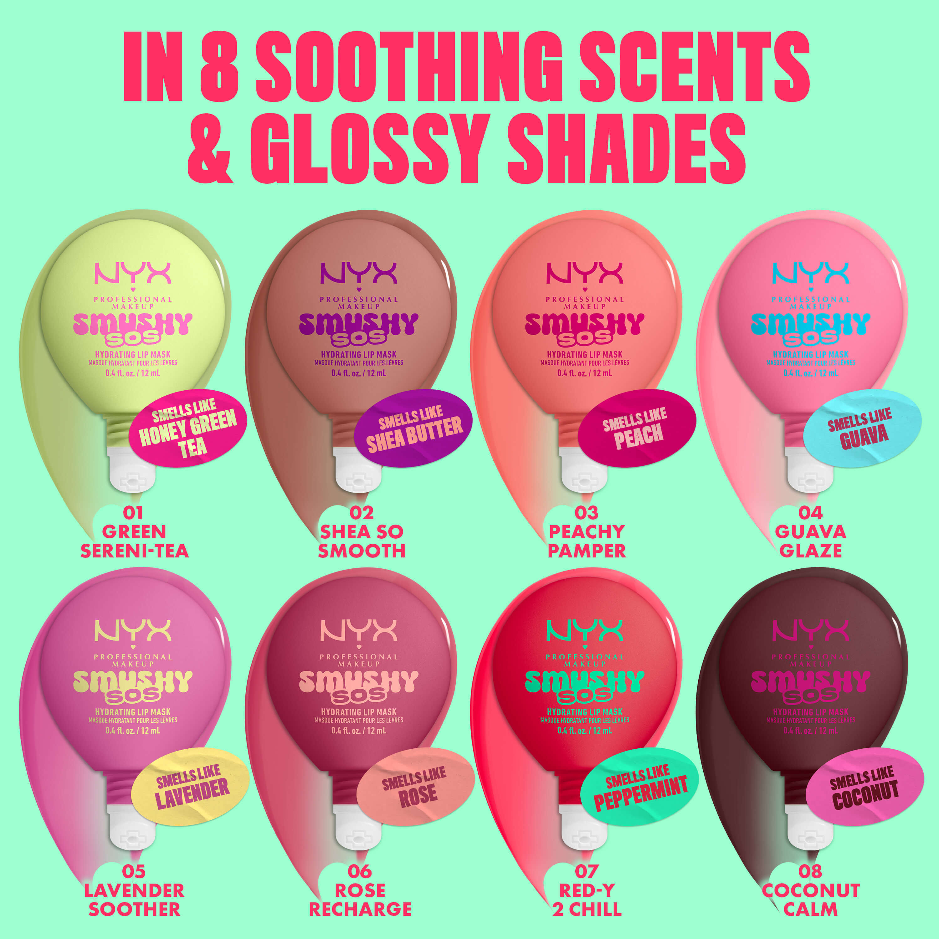 All 8 NYX Professional Makeup Smushy SOS lip mask shades in soothing scents, from clear green to cool brown