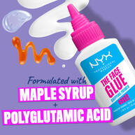 bottle of The Face Glue Gripping Primer with text “formulated with Maple Syrup + Polyglutamic Acid”]