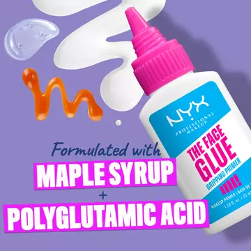 bottle of The Face Glue Gripping Primer with text “formulated with Maple Syrup + Polyglutamic Acid”]