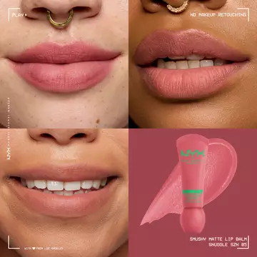 Smushy Matte Lip Balm in blush nude shade, Snuggle Szn, on three different skin tones