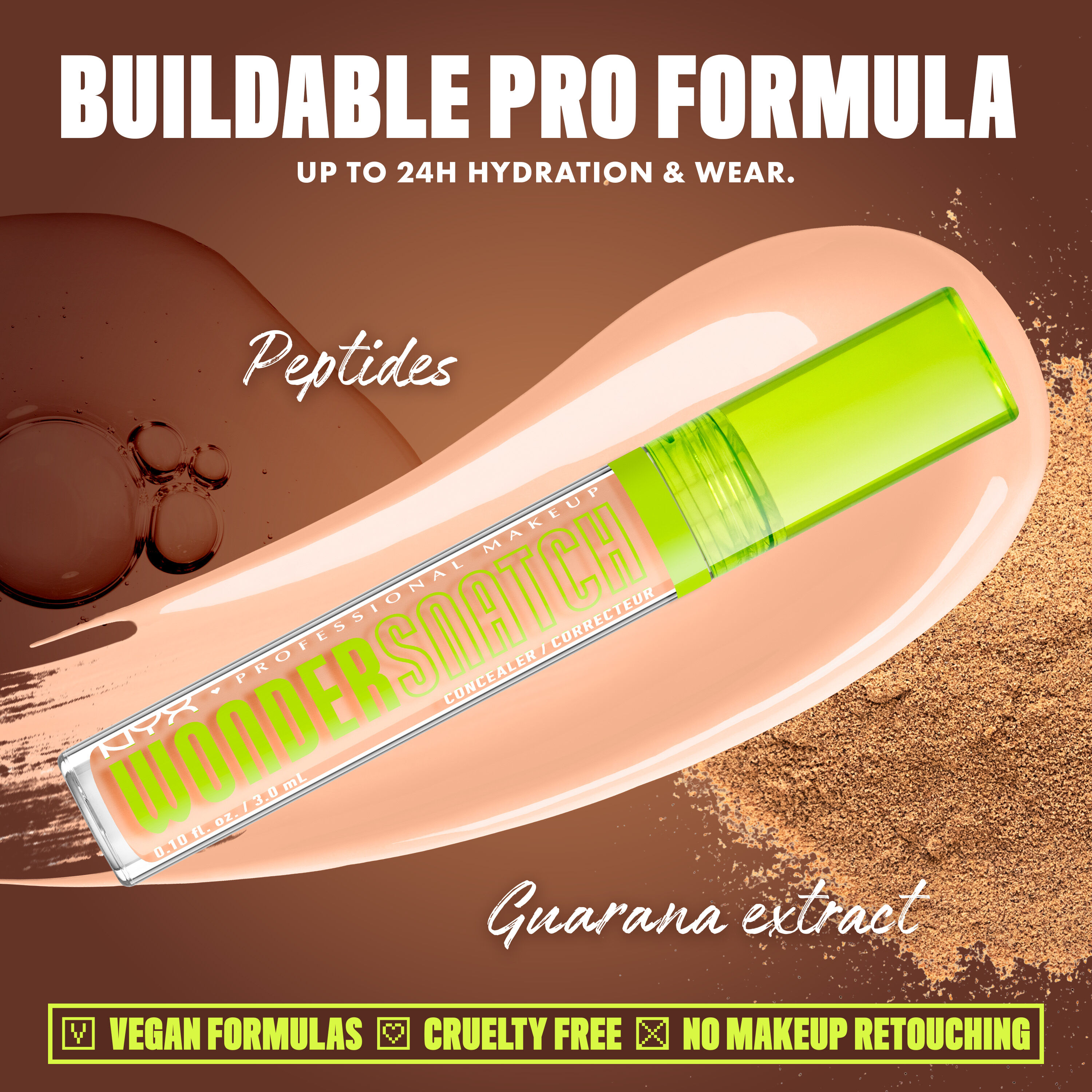 Wonder Snatch(TM) Concealer image with text: "Buildable Pro Formula. Up to 24H Hydration & Wear. Peptides. Guarana extract. Vegan Formulas. Cruelty Free. No Makeup Retouching."