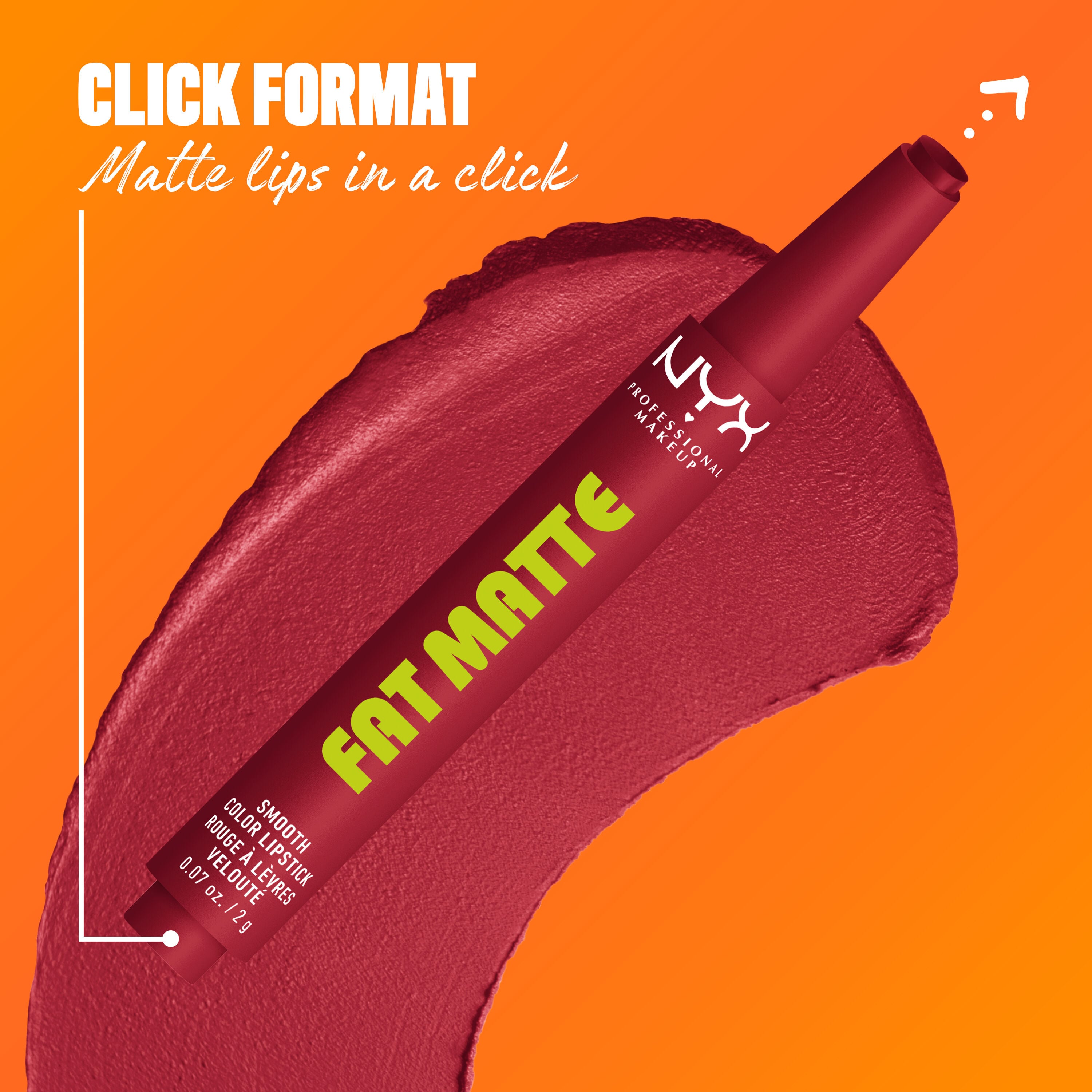 NYX Professional Makeup Fat Matte Smooth Color Lipstick in soft plum shade Plushin' Plum, showing the click-pen applicator format and shade swatch, highlighting easy, mess-free matte lipstick application.