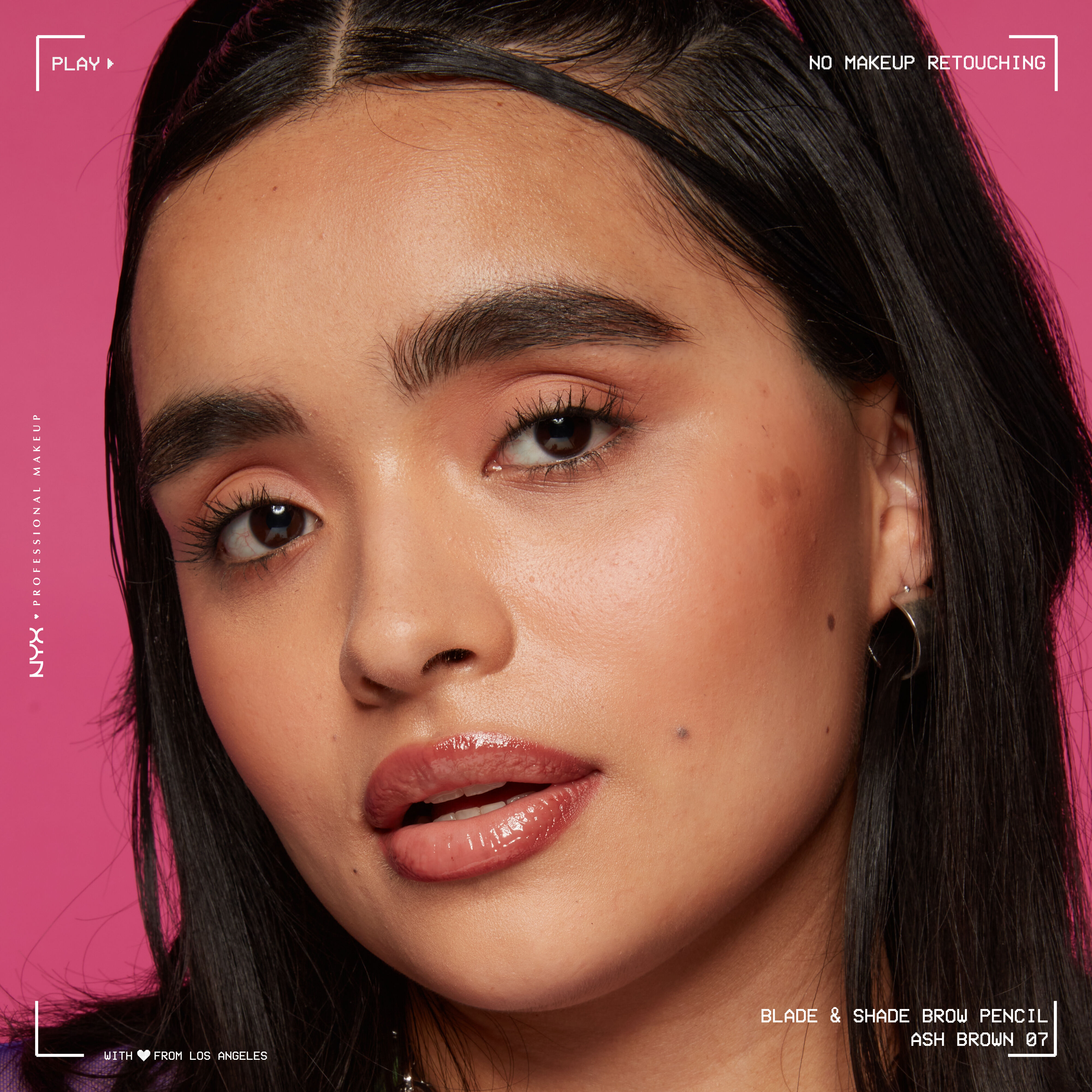 woman wearing Blade & Shade Nano Brow Pencil on pink background