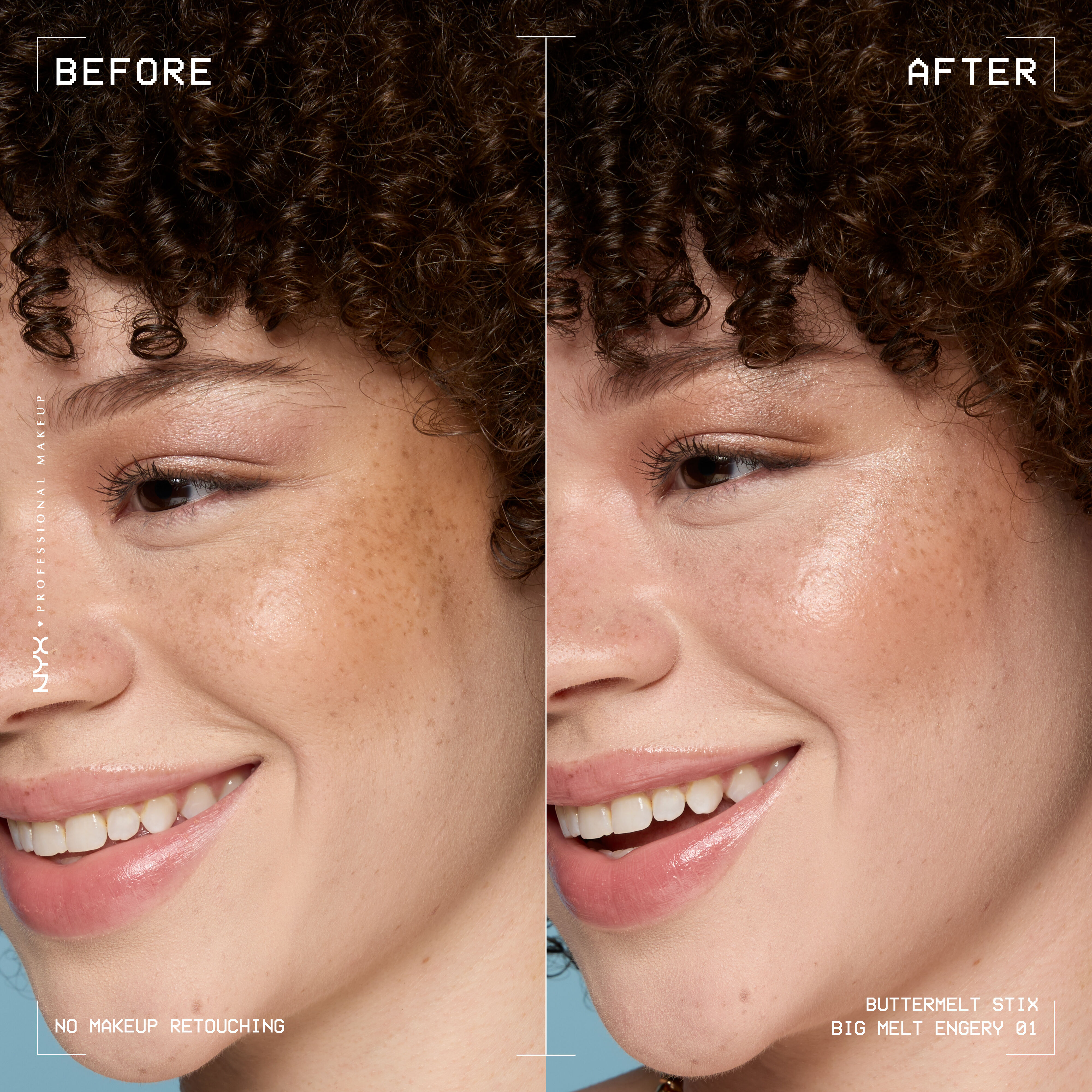 Before and after side-by-side of model wearing Buttermelt Stix Big Melt Energy 01