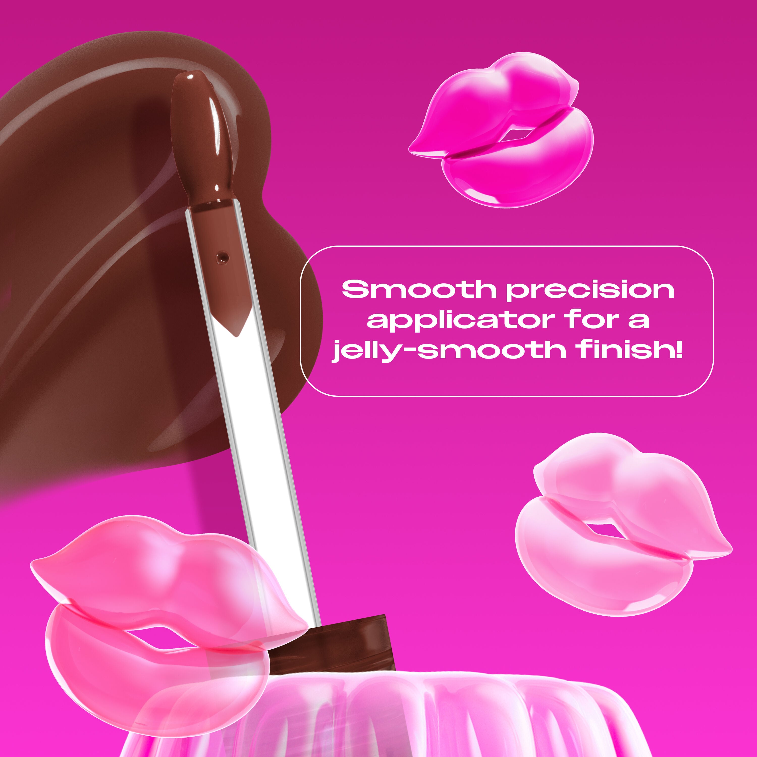 Jelly Job Lip Gloss applicator & swatch in shade 'Jellybean', with text on precision applicator for smooth lip finish  