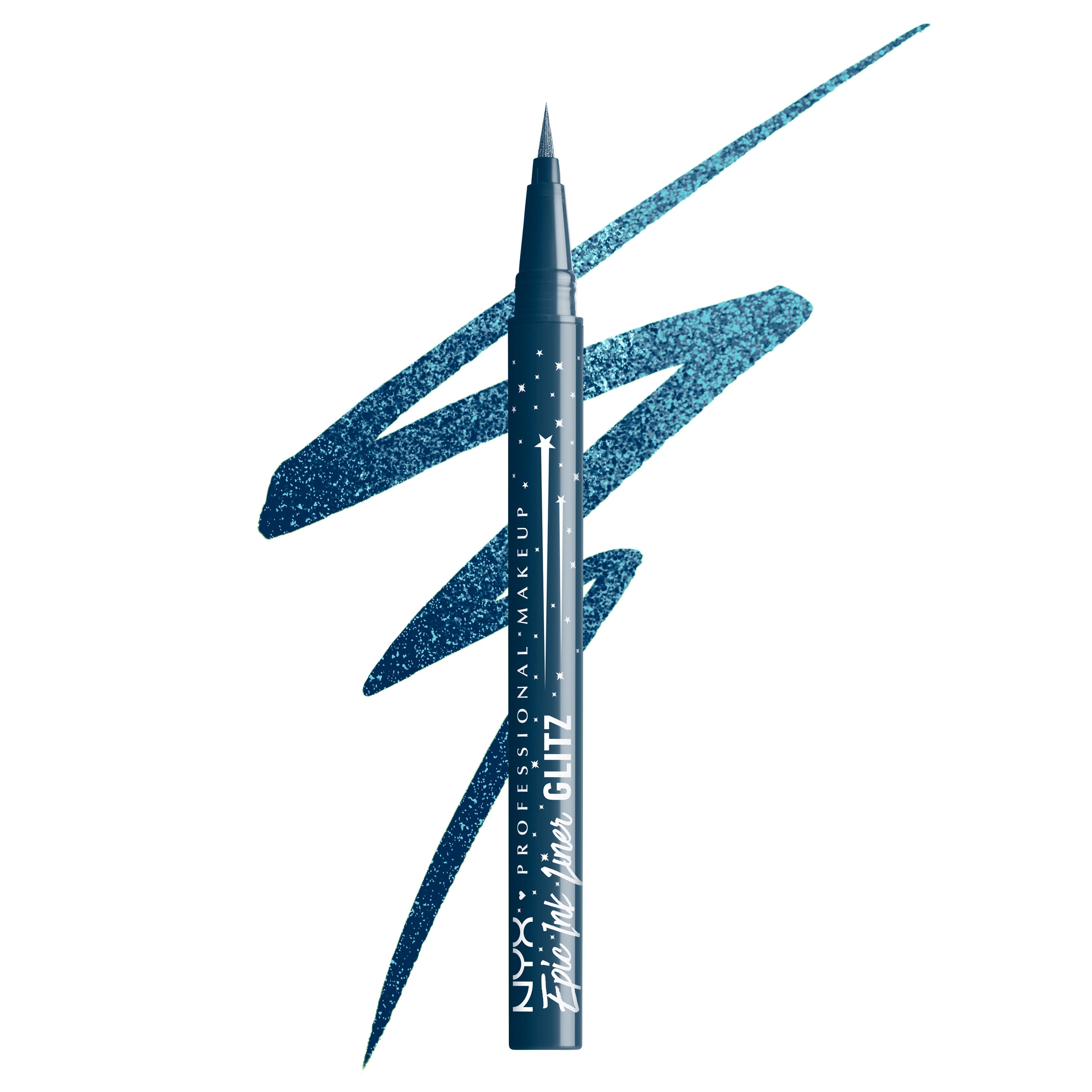 Epic Ink Waterproof Liquid Eyeliner packshot in shade Denim Dazzle with shimmer deep navy squiggle in the background