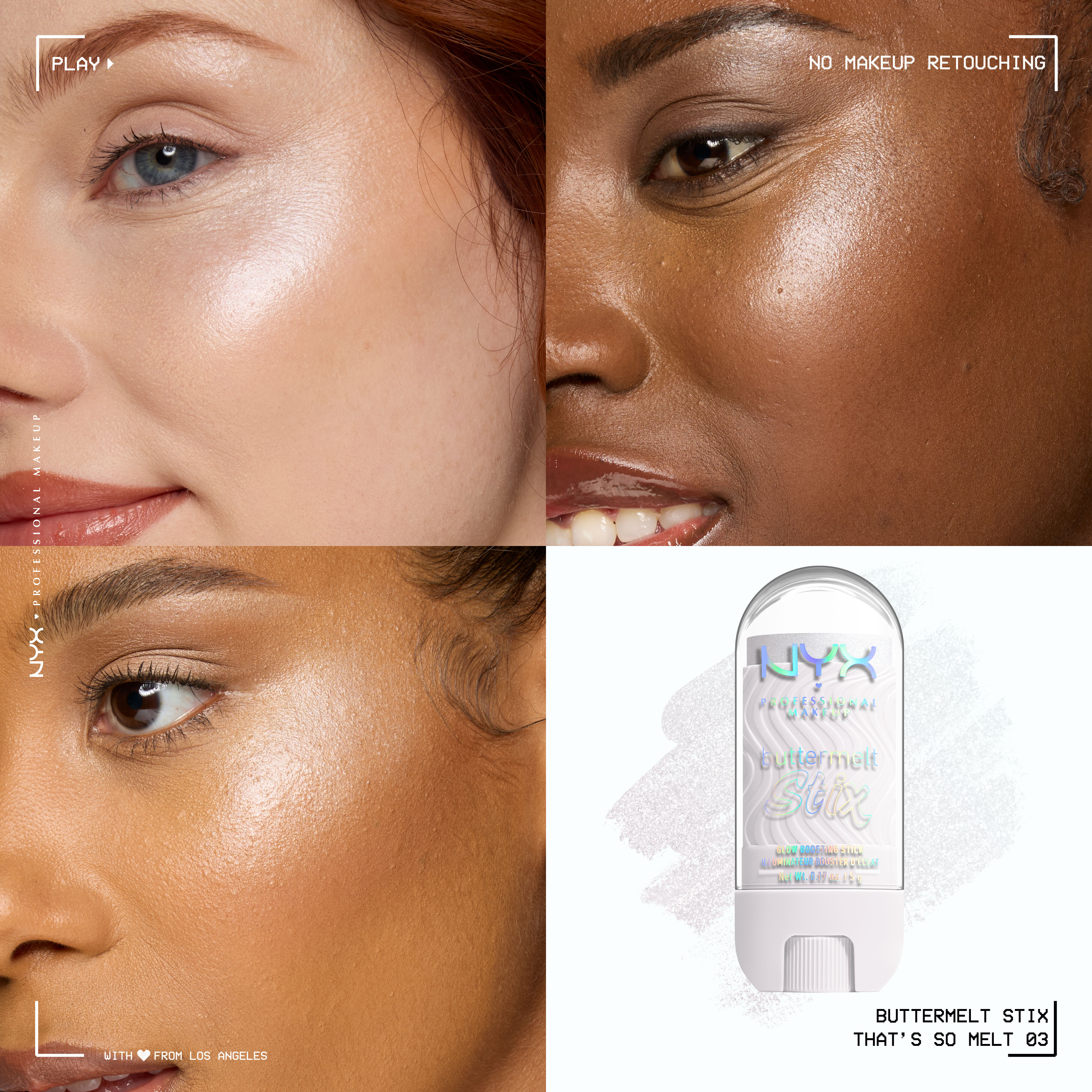 Three models with light, dark, and medium skin tone showing glowy skin wearing NYX Buttermelt Stix That’s So Melt 03