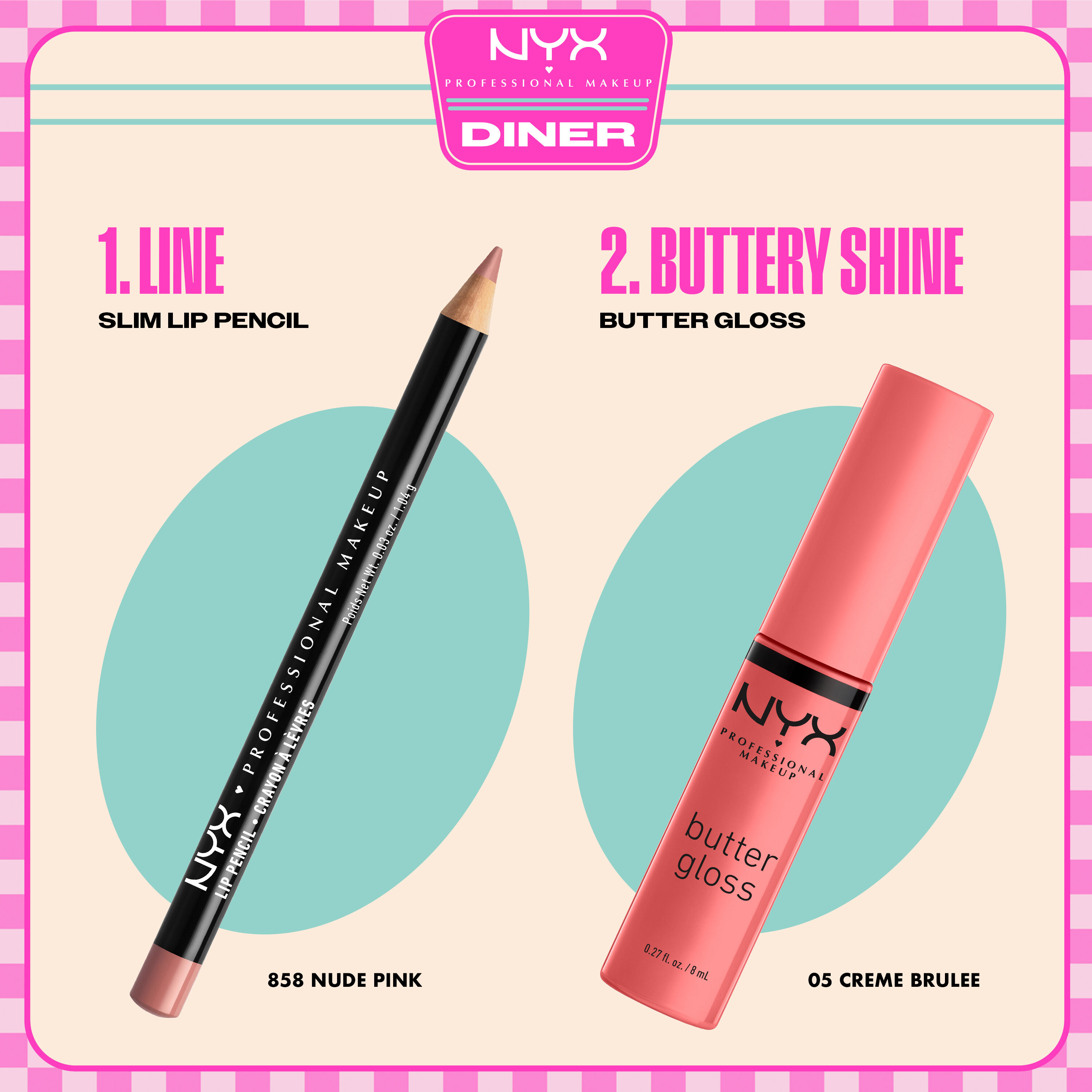 NYX Professional Makeup Slim Lip Pencil in 858 Nude Pink and Butter Gloss in 05 Creme Brulee shown as a two-step lip routine.