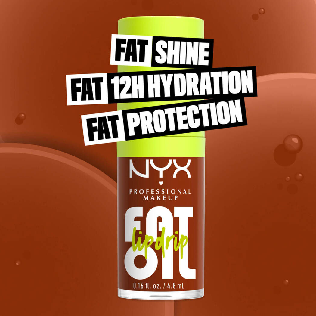 Fat Oil Lip Drip Lip Oil in shade Scrollin bottle. Fat Shine. Fat 12H Hydration. Fat Protection.