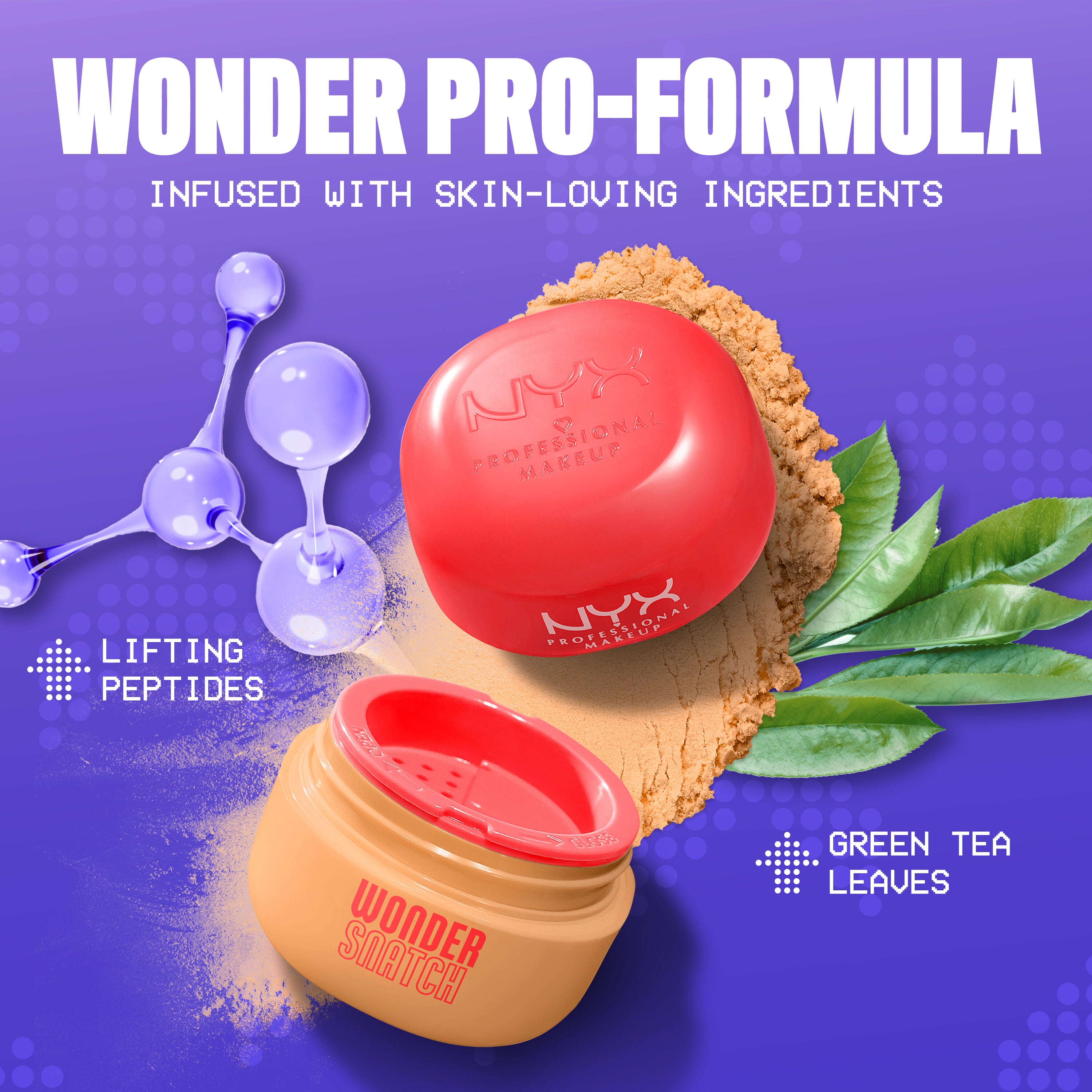 Open Wonder Snatch Setting Powder in brightening yellow shade Banana Brat with spilled powder, green tea leaves, and peptides
