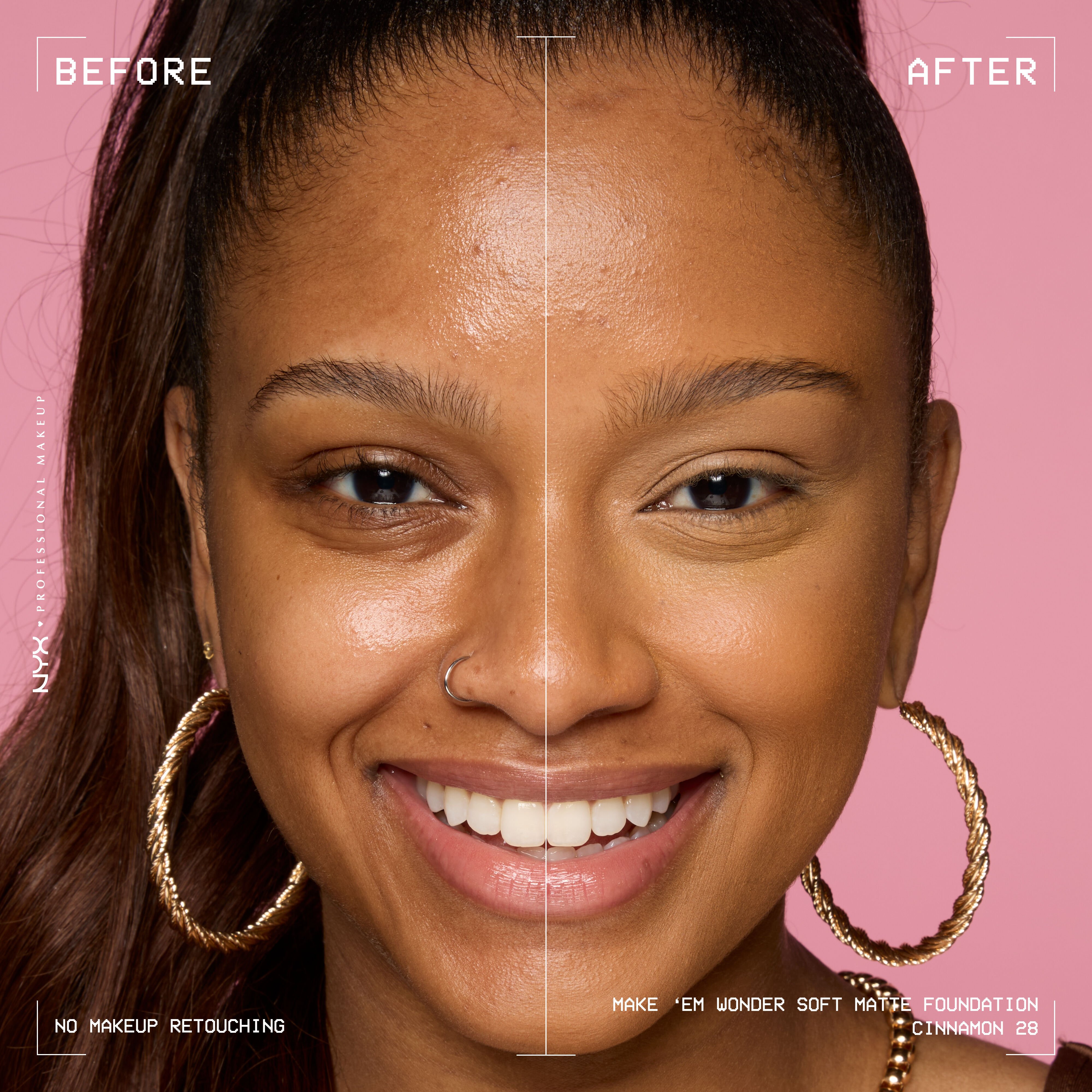 Before-and-after model wearing NYX Make ’Em Wonder Foundation shade 28 Cinnamon, text overlay “Before / After.”