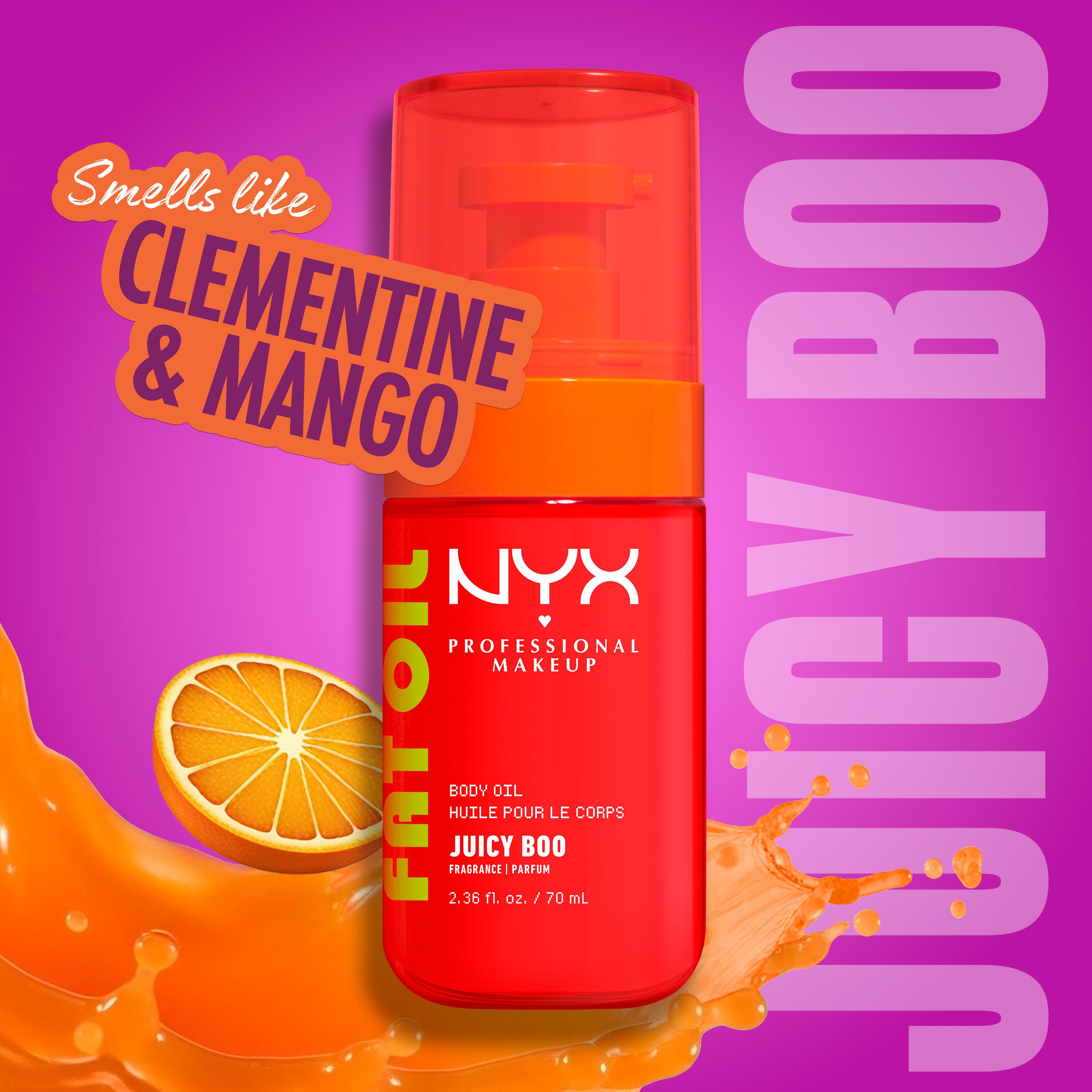 Clementine & Mango scent badge on orange/warm background for NYX Professional Makeup Juicy Boo Body Oil.