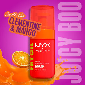 Clementine & Mango scent badge on orange/warm background for NYX Professional Makeup Juicy Boo Body Oil.