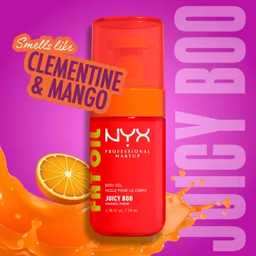 Clementine & Mango scent badge on orange/warm background for NYX Professional Makeup Juicy Boo Body Oil.
