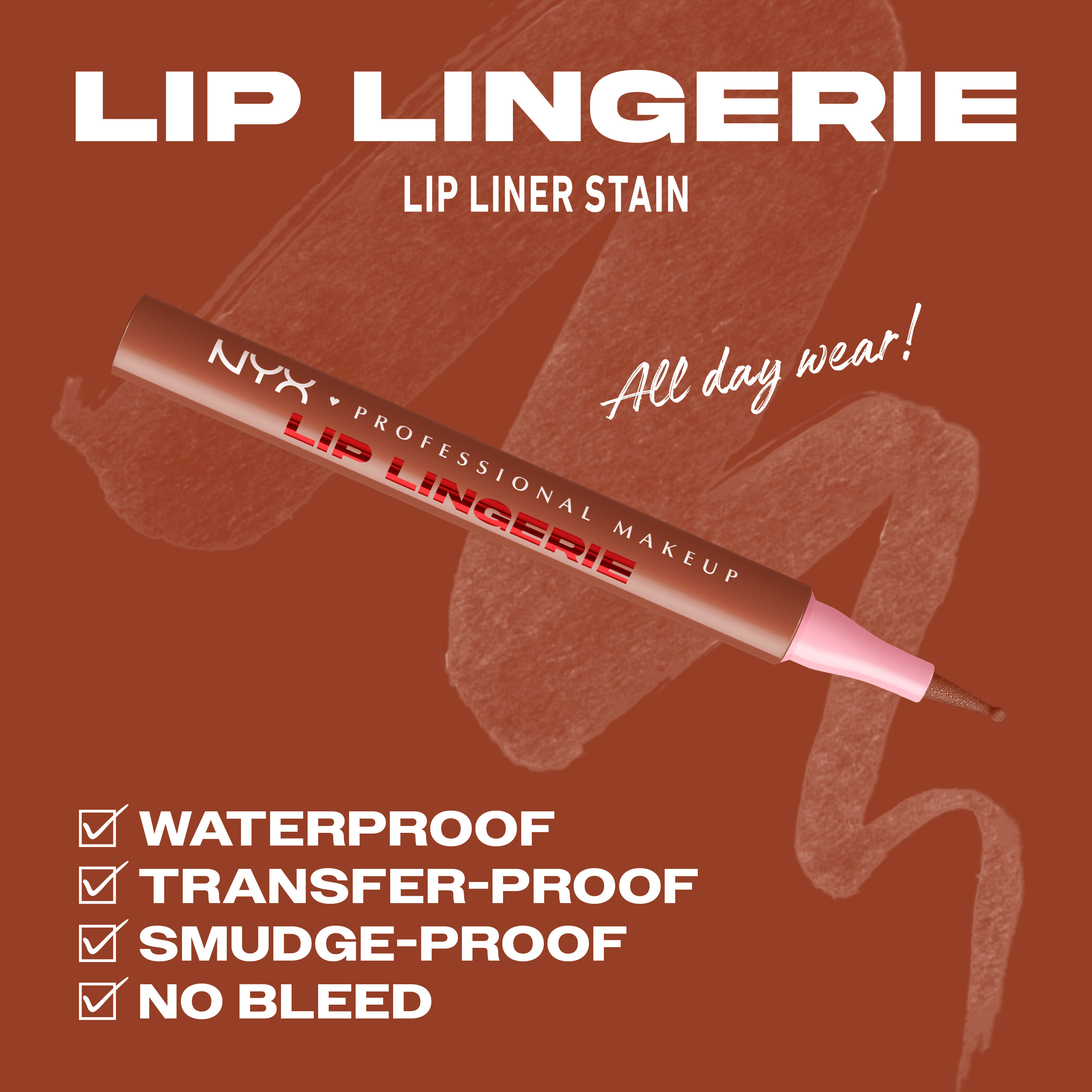 NYX Professional Makeup Lip Lingerie Lip Liner Stain in 02 Naughty Nude shown with waterproof, transfer-proof, smudge-proof and no bleed benefits on a warm nude background.
