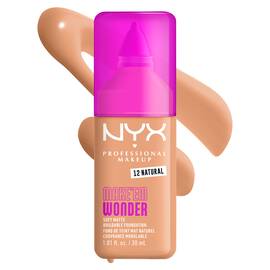 NYX Make ’Em Wonder Soft Matte Foundation in shade 12 Natural with product name text overlay.