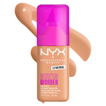 NYX Make ’Em Wonder Soft Matte Foundation in shade 12 Natural with product name text overlay.