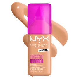 NYX Make ’Em Wonder Soft Matte Foundation in shade 12 Natural with product name text overlay.
