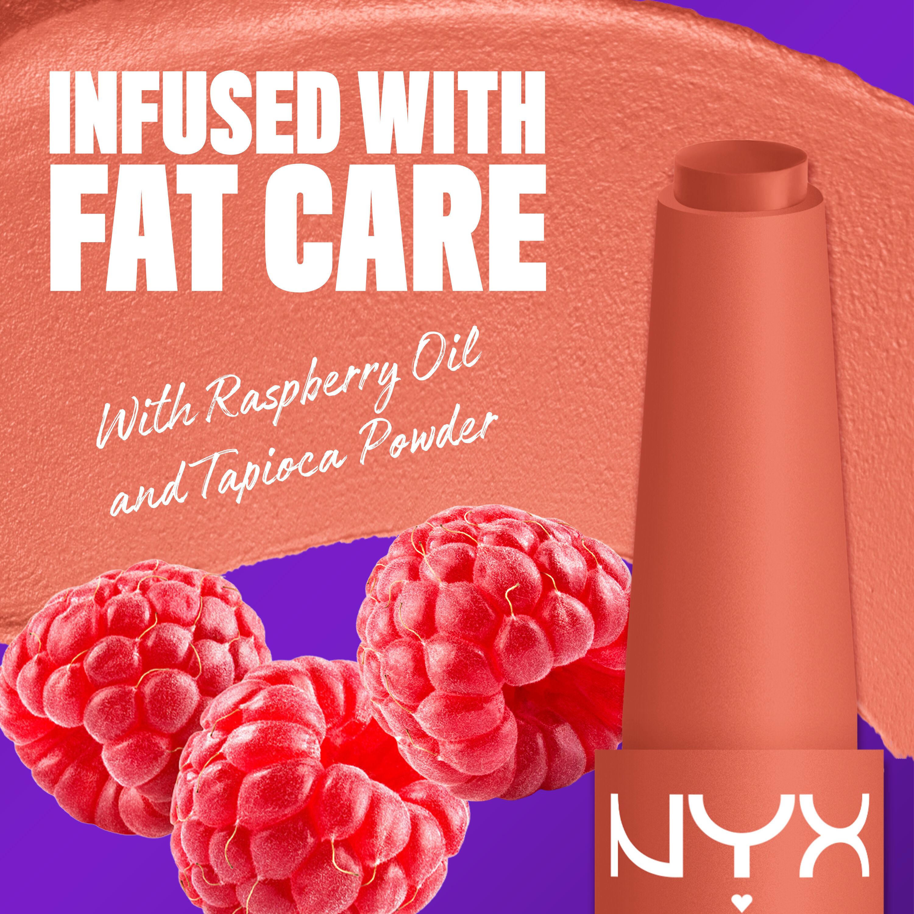 NYX Professional Makeup Fat Matte Smooth Color Lipstick infused with raspberry oil and tapioca powder for soft, smooth creamy matte lip color.