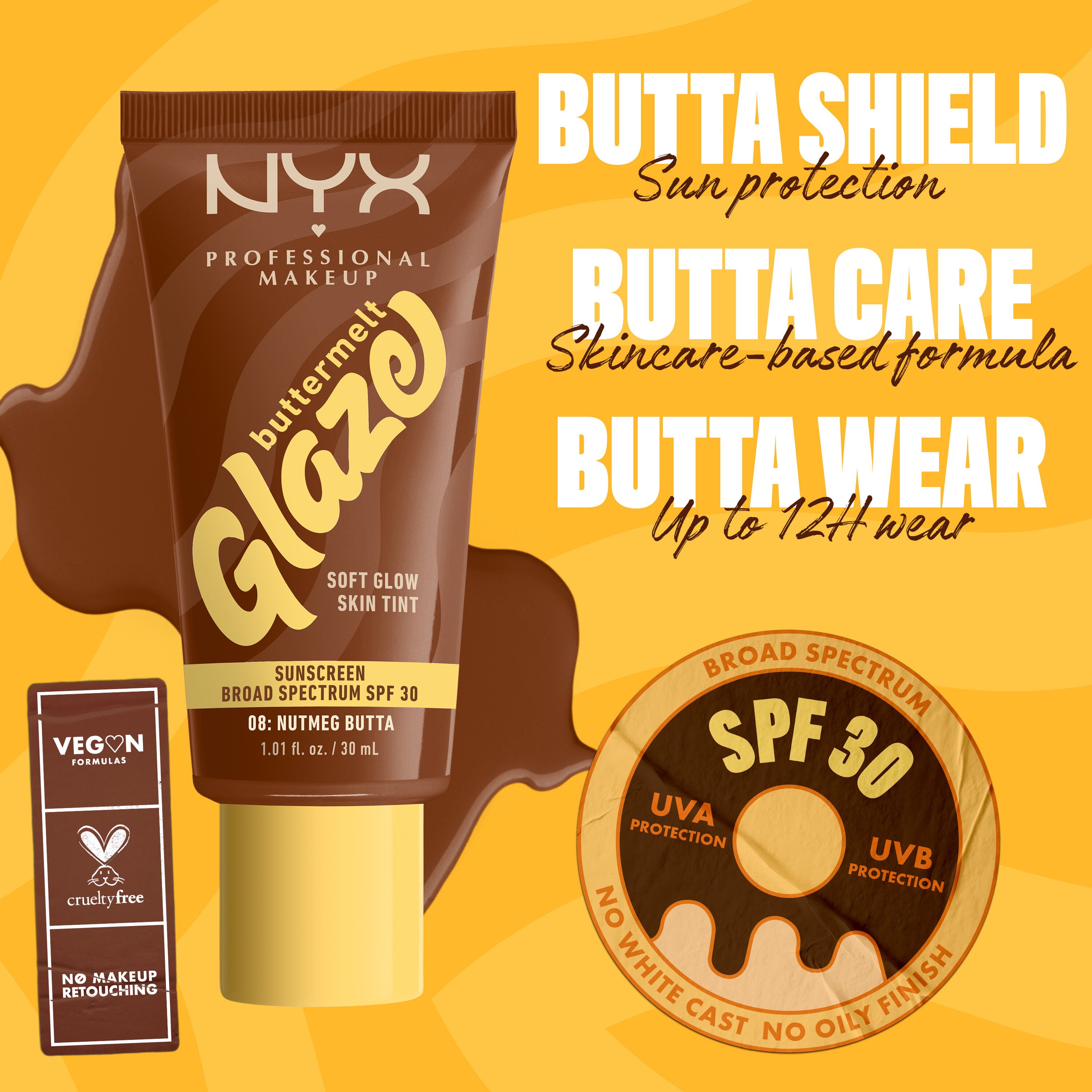  infographic of Buttermelt Glaze Skin Tint with text about sun protection, 12H wear, SPF 30, vegan and cruelty-free