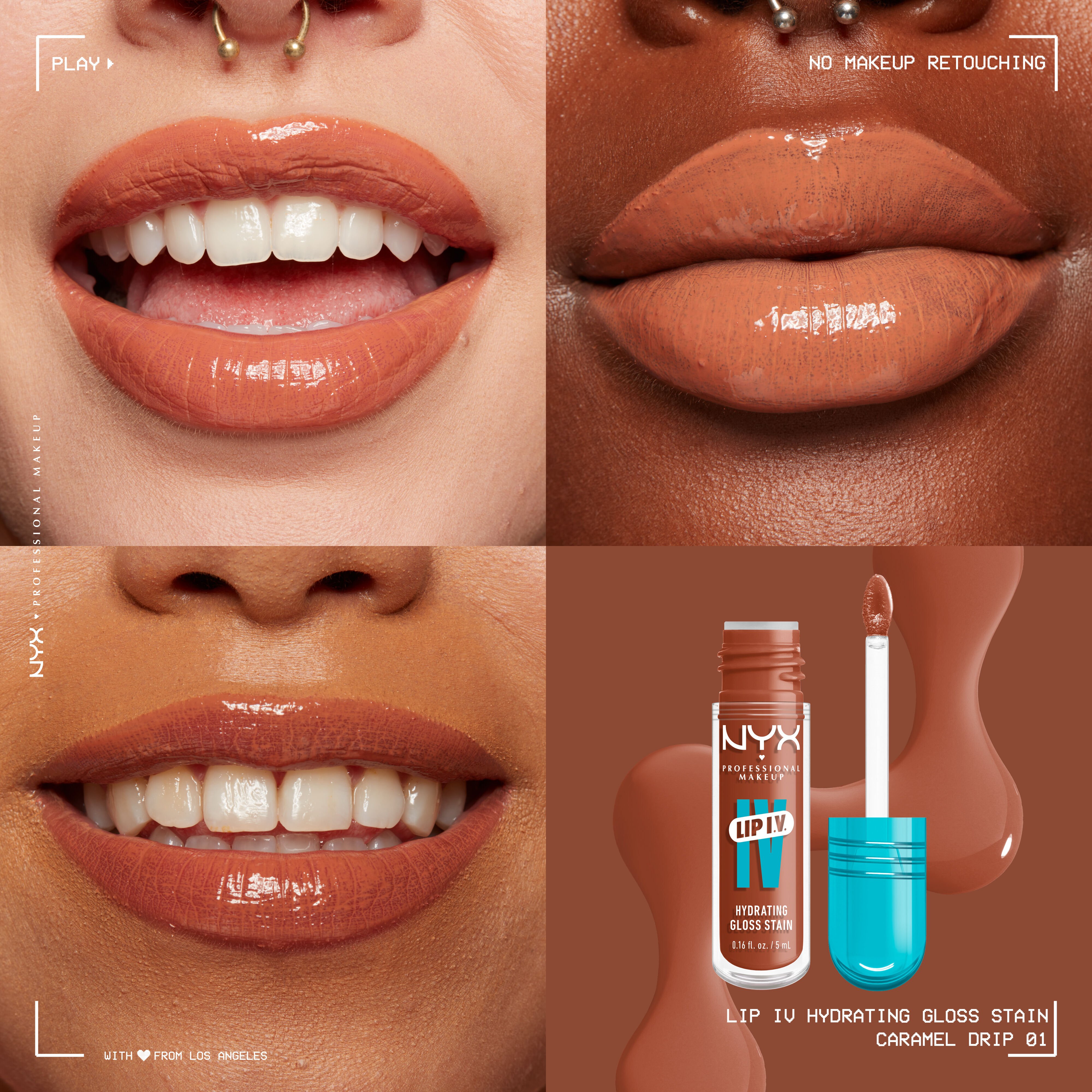 Lip I.V. Hydrating Lip Stain Gloss on three different skin tones