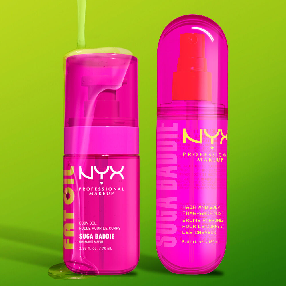Two bright pink NYX Professional Makeup products on a lime green background: Fat Oil Suga Baddie body oil pump bottle and Suga Baddie hair & body fragrance mist spray bottle.
