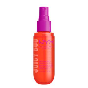 NYX Professional Makeup Juicy Boo Hair & Body Fragrance Mist - orange bottle with purple nozzle front packshot on white background.