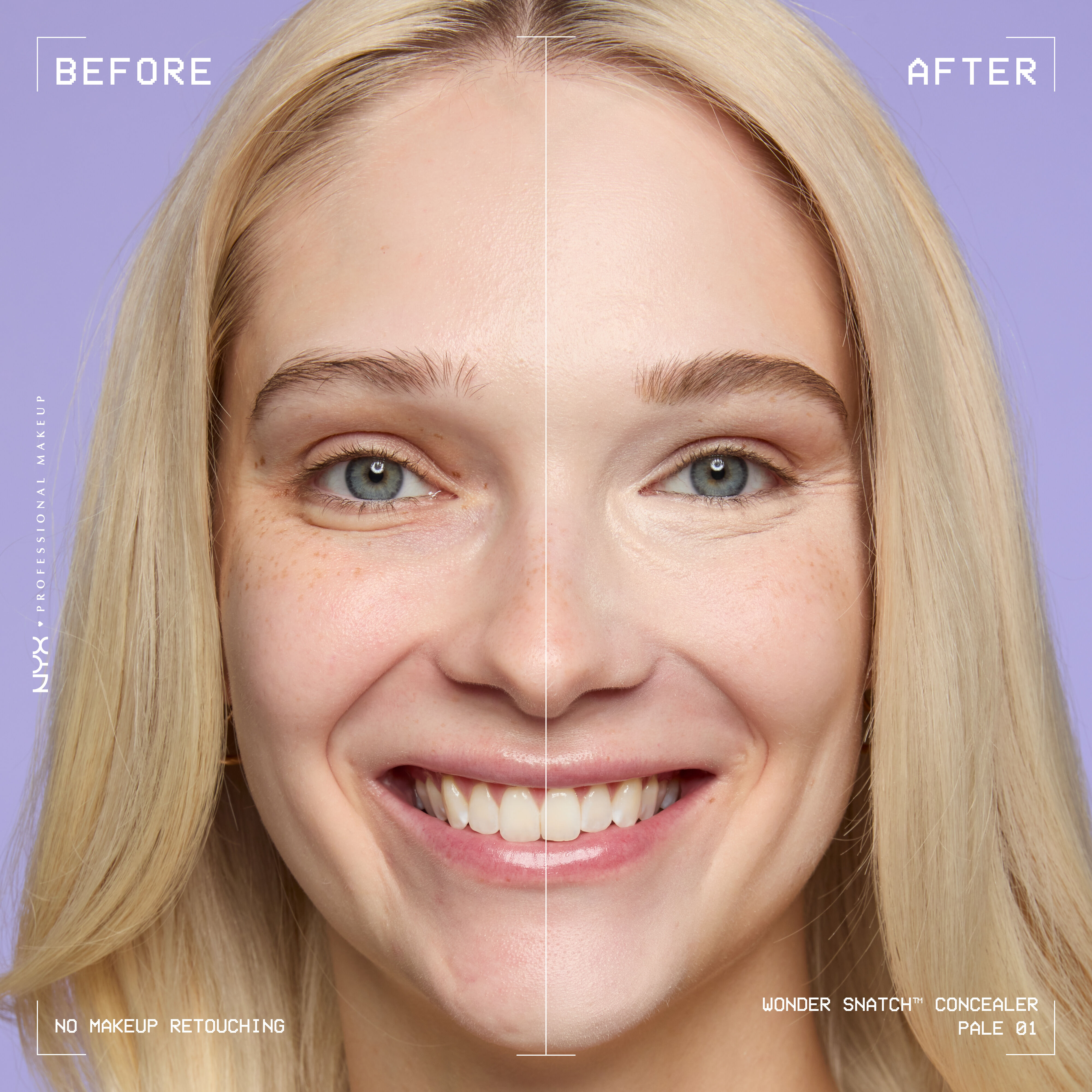 Before-and-after comparison of model wearing Wonder Snatch(TM) Concealer, showing brighter under-eyes and smoother-looking skin.