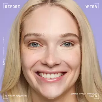 Before-and-after comparison of model wearing Wonder Snatch(TM) Concealer, showing brighter under-eyes and smoother-looking skin.
