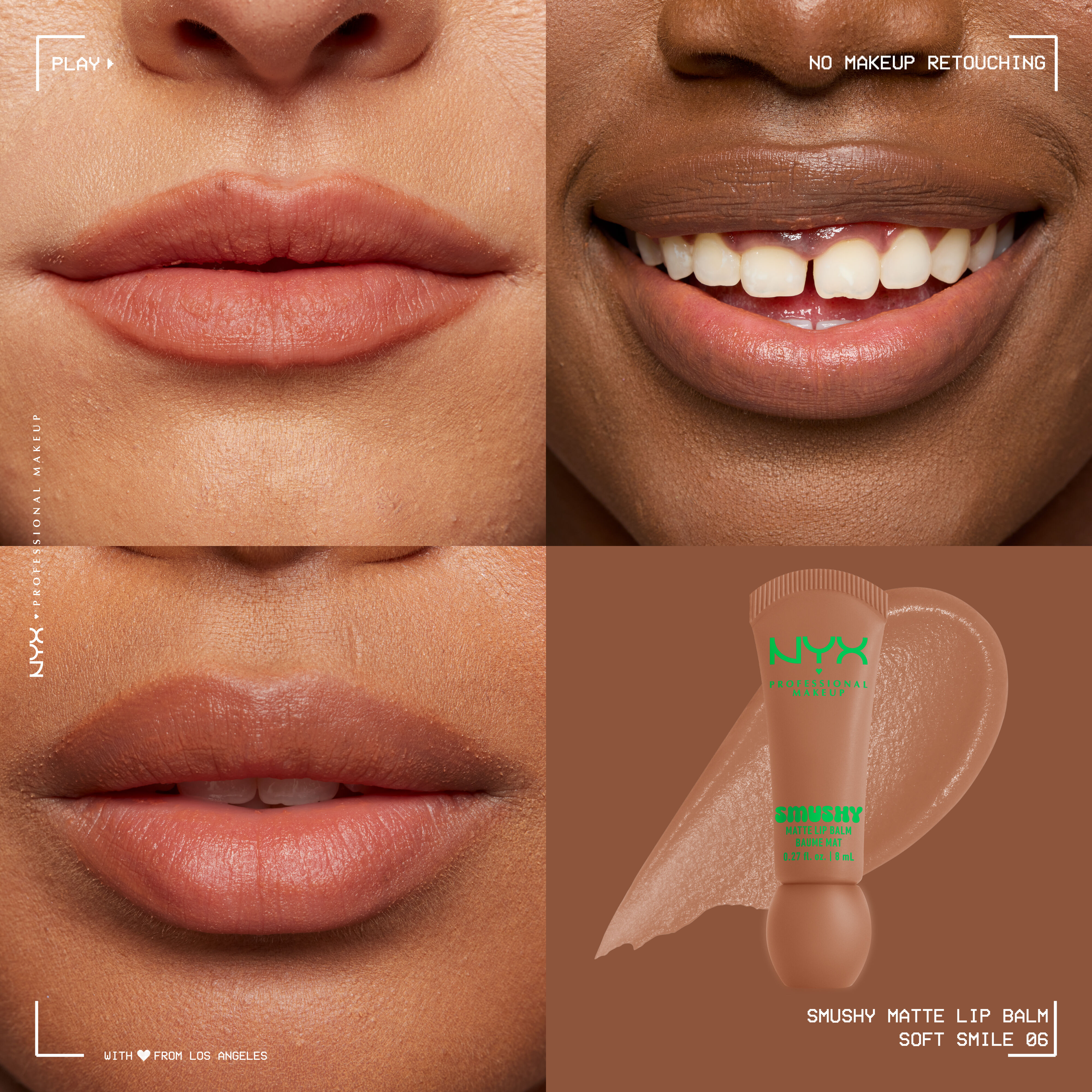 Smushy Matte Lip Balm in soft nude shade, Soft Smile, on three different skin tones