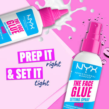 The Face Glue Gripping Primer and The Face Glue Setting Spray with text “Prep It right & Set It tight”