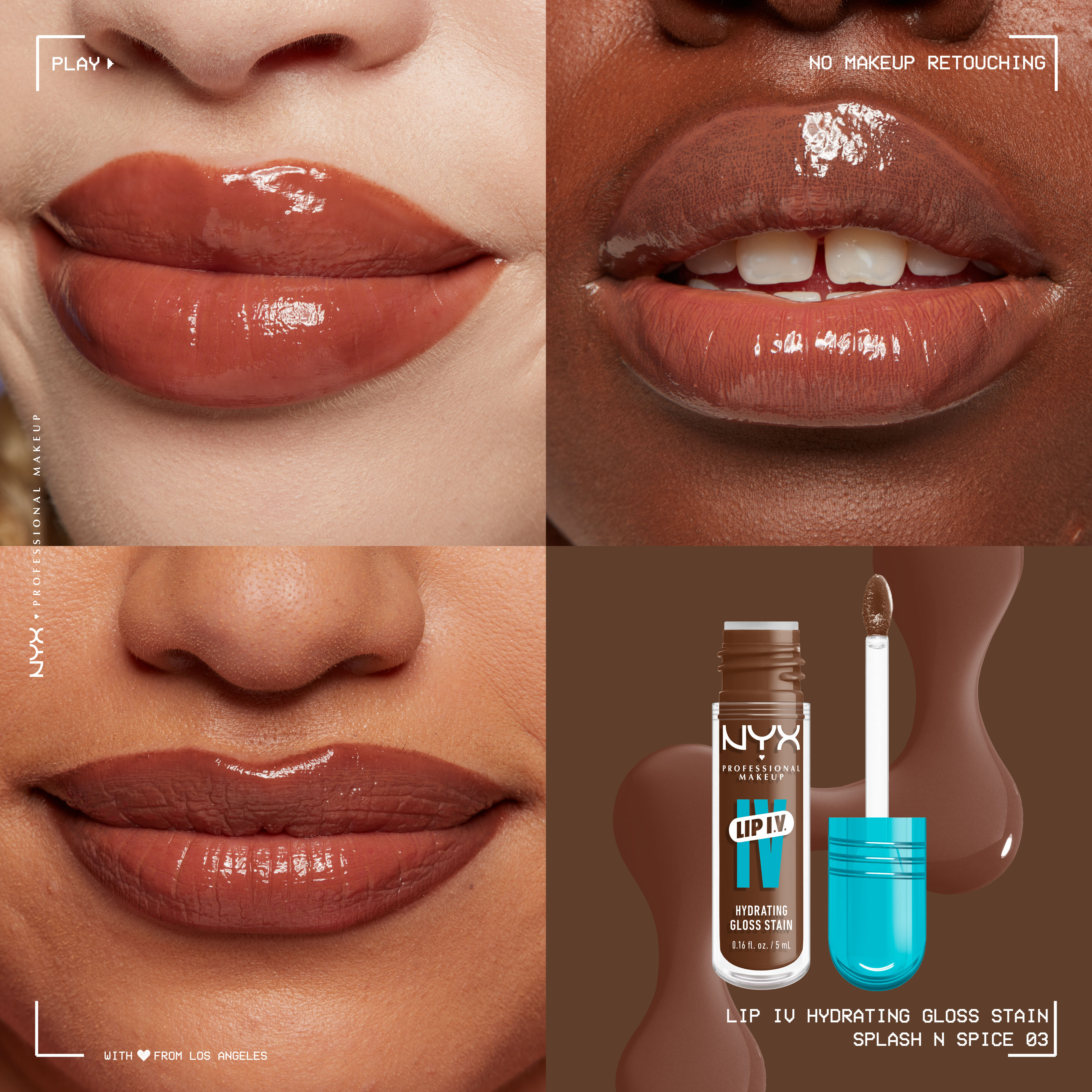 Lip I.V. Hydrating Lip Stain Gloss on three different skin tones