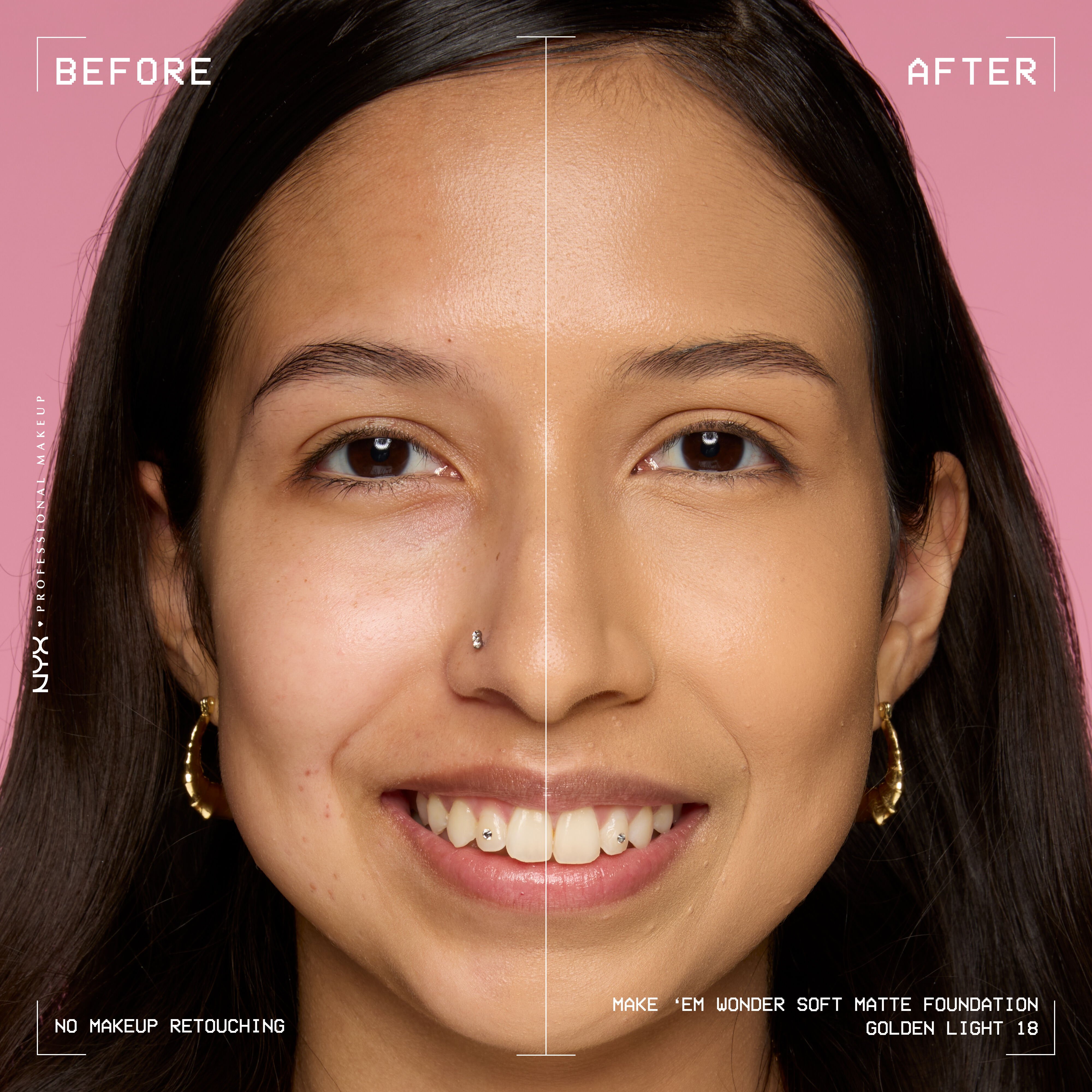 Before-and-after model wearing NYX Make ’Em Wonder Foundation shade 18 Golden Light, text overlay “Before / After.”