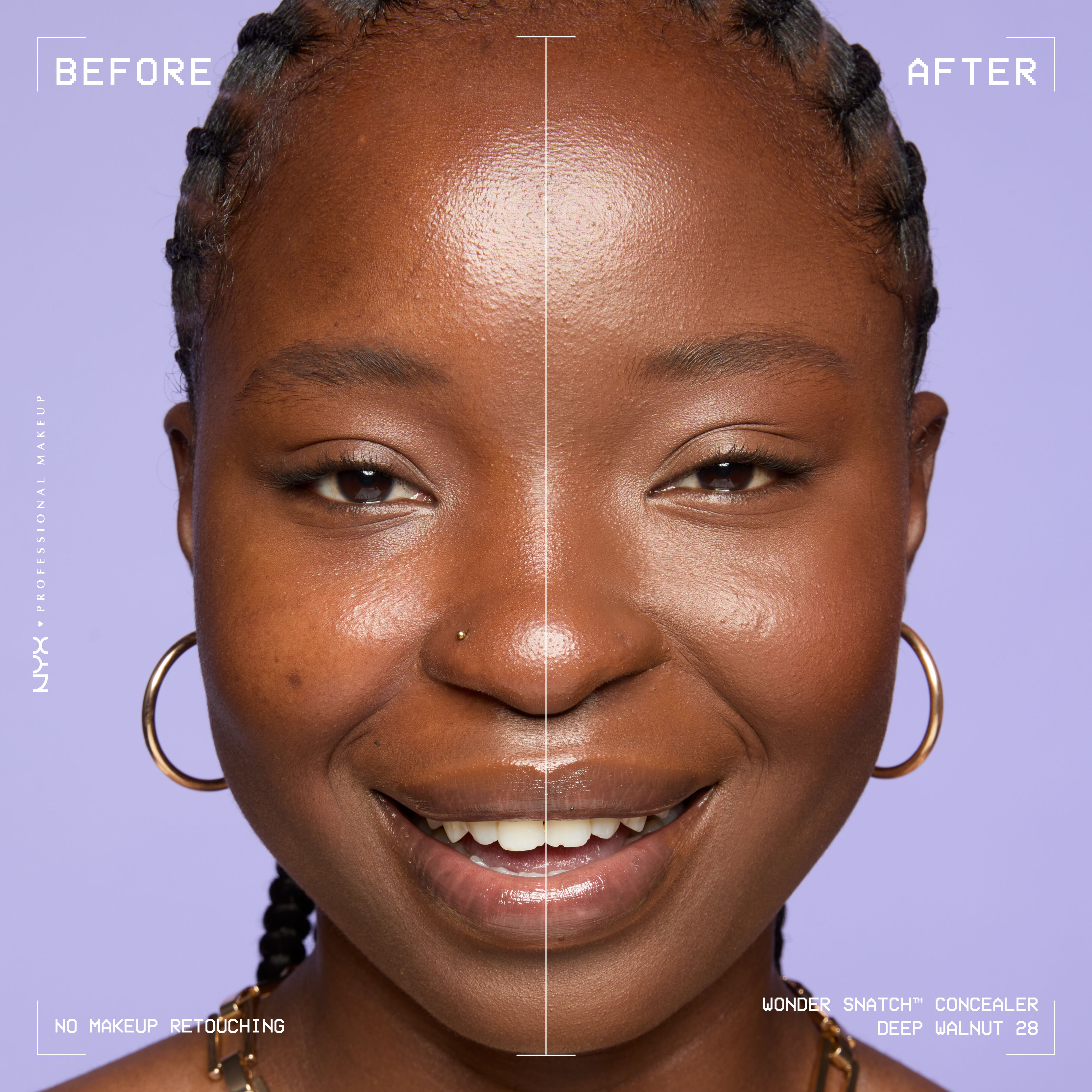 Before-and-after comparison of model wearing Wonder Snatch(TM) Concealer, showing brighter under-eyes and smoother-looking skin.