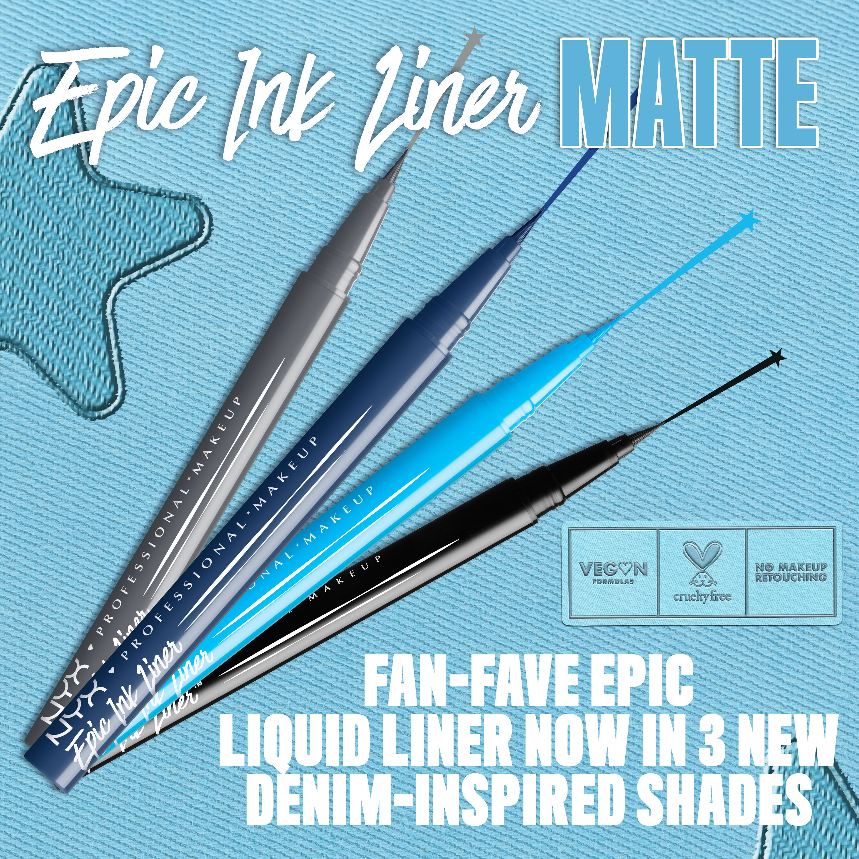 Epic Ink Matte liners with text overlay "Fan-Fave Epic Liquid Liner Now in 3 Denim-Inspired Shades"