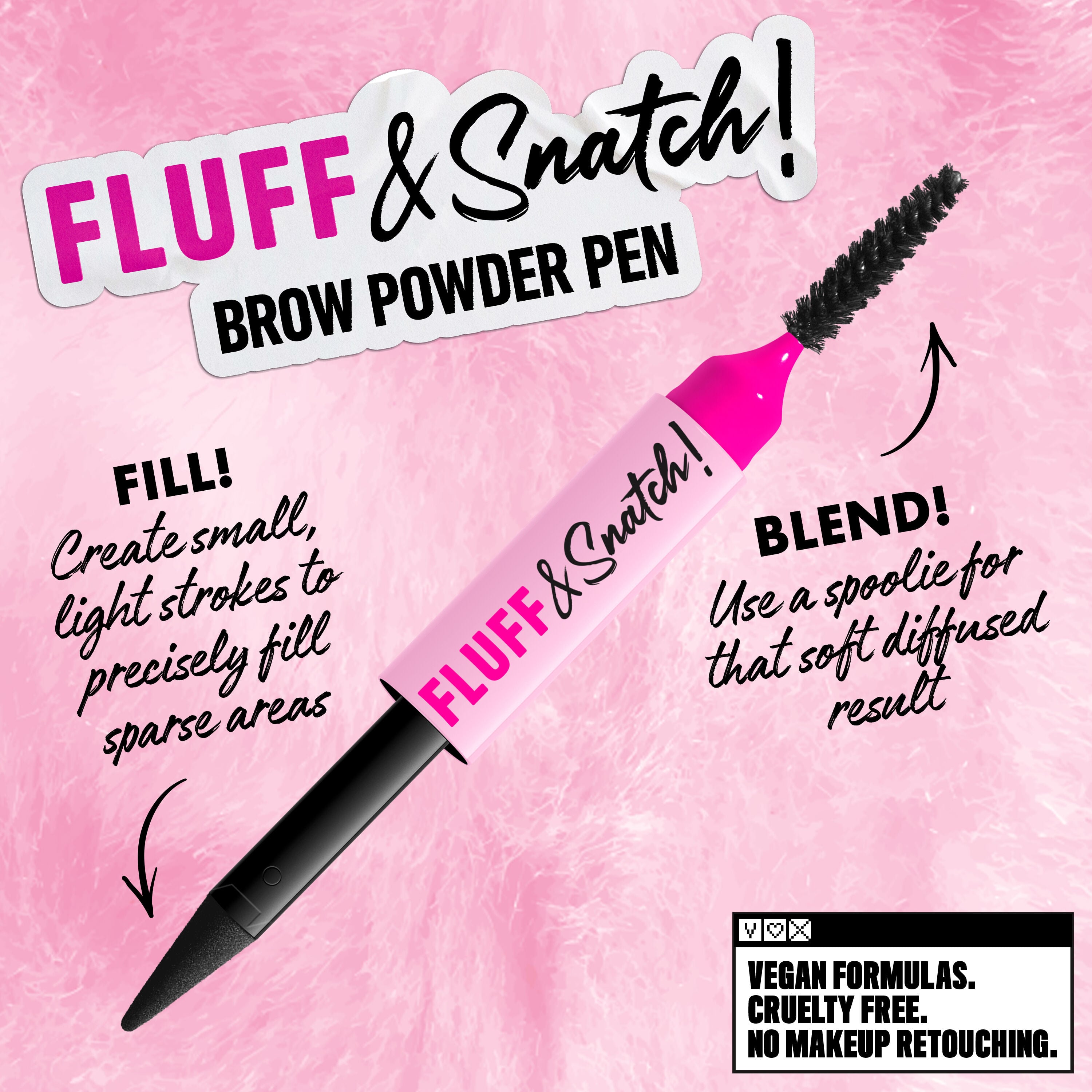 NYX Professional Makeup Fluff and Snatch Brow Powder Pen with fill and blend instructions, pink background in shade08 Black