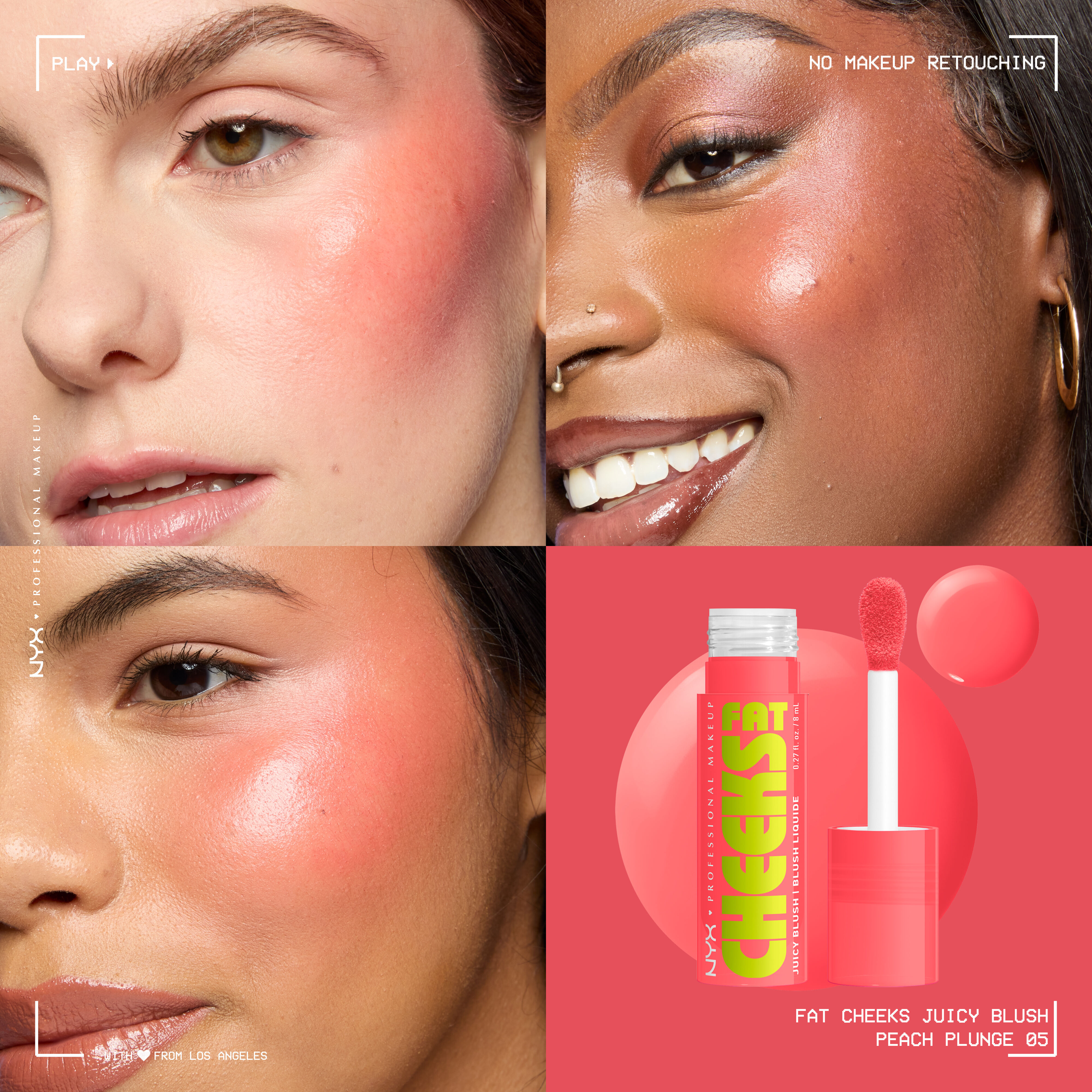 Fat Cheeks Juicy Blush liquid blush in shade Peach Plunge on three different models along with packshot of blush
